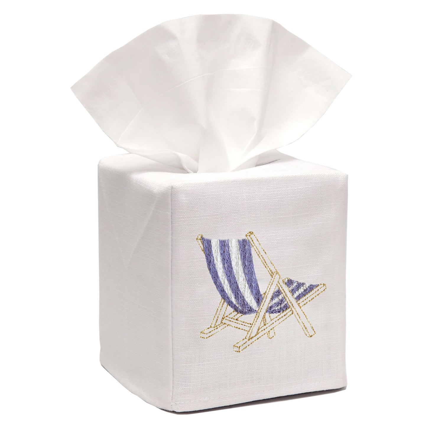 Jacaranda Living Square Tissue Box Cover, Linen/Cotton Fabric Tissue Holder, Decorative Cloth Tissue Cube Cover, Coastal Designs Deck Chair (Blue)
