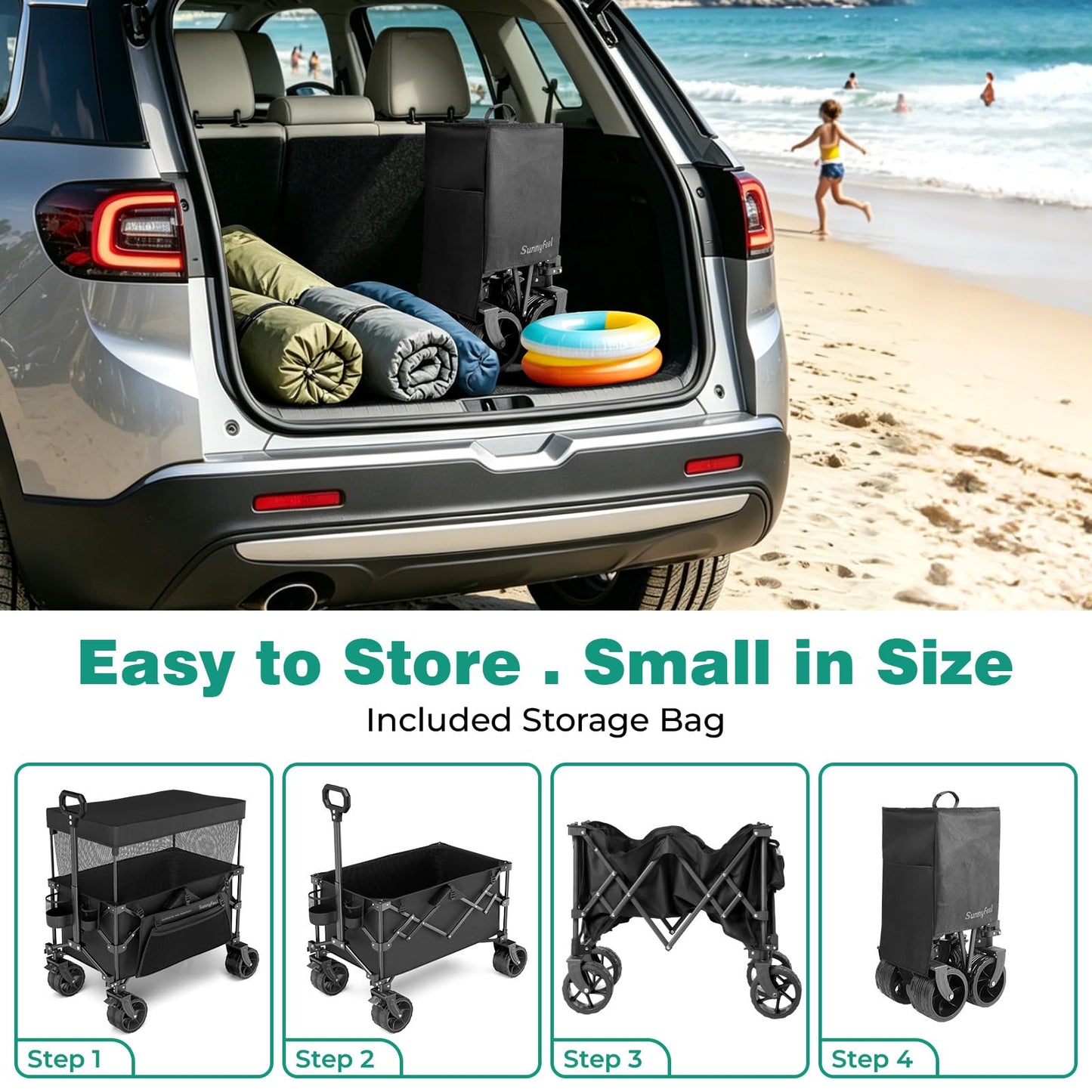 SUNNYFEEL 445L Extra Large Folding Wagon Cart with Canopy, 440 LBS Heavy Duty Collapsible Utility Cart with All-Terrain Wheels, 3-in-1 Portable Wagon for Garden, Groceries, Camping, Beach, Shopping