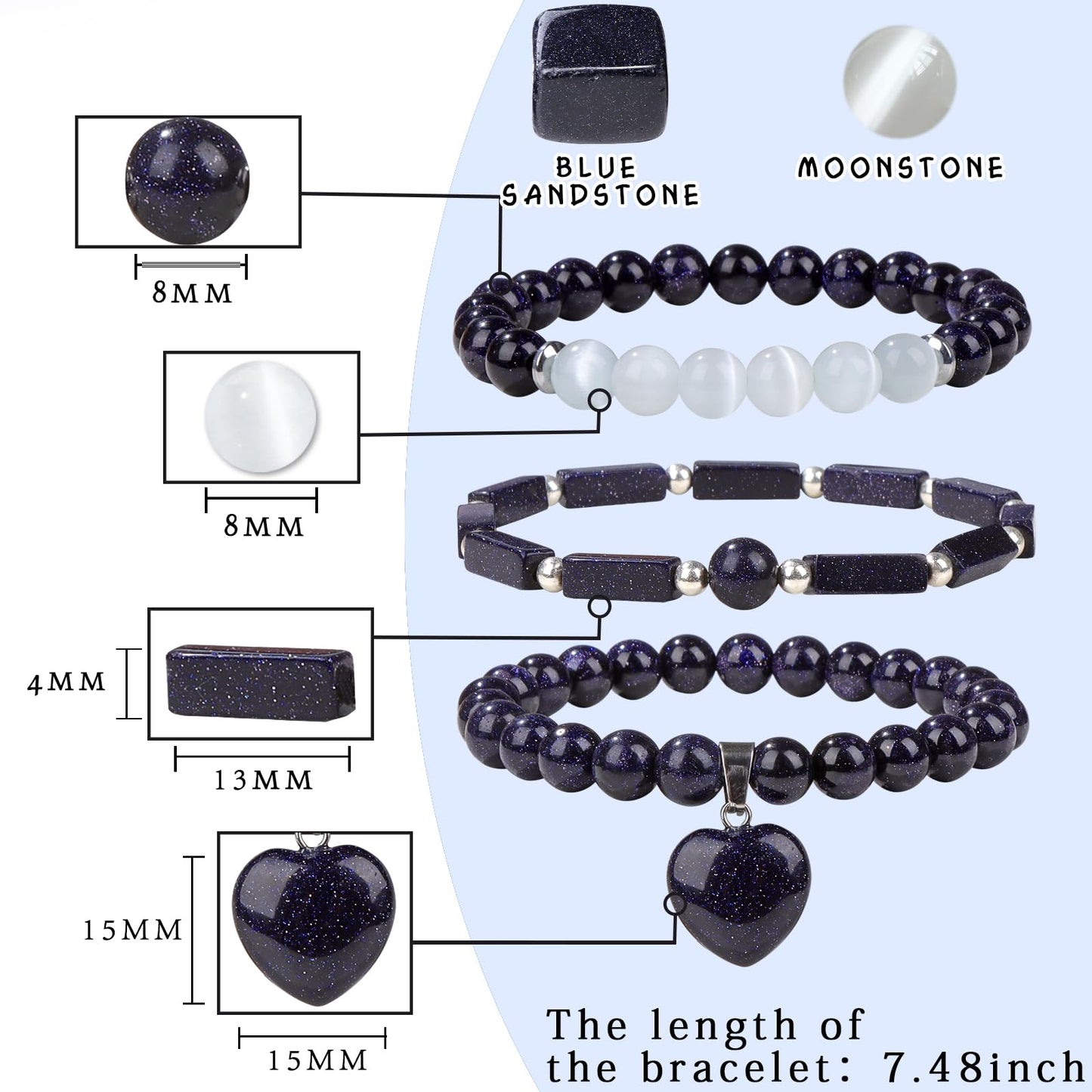 Vinswet Healing Crystal Beaded Bracelets for Women,Natural Blue Sandstone Moonstone Gemstones Bracelet,Anxiety Stress Relief Heart Charm Bracelet Handmade Blue Jewelry Gifts for Women (3pcs)