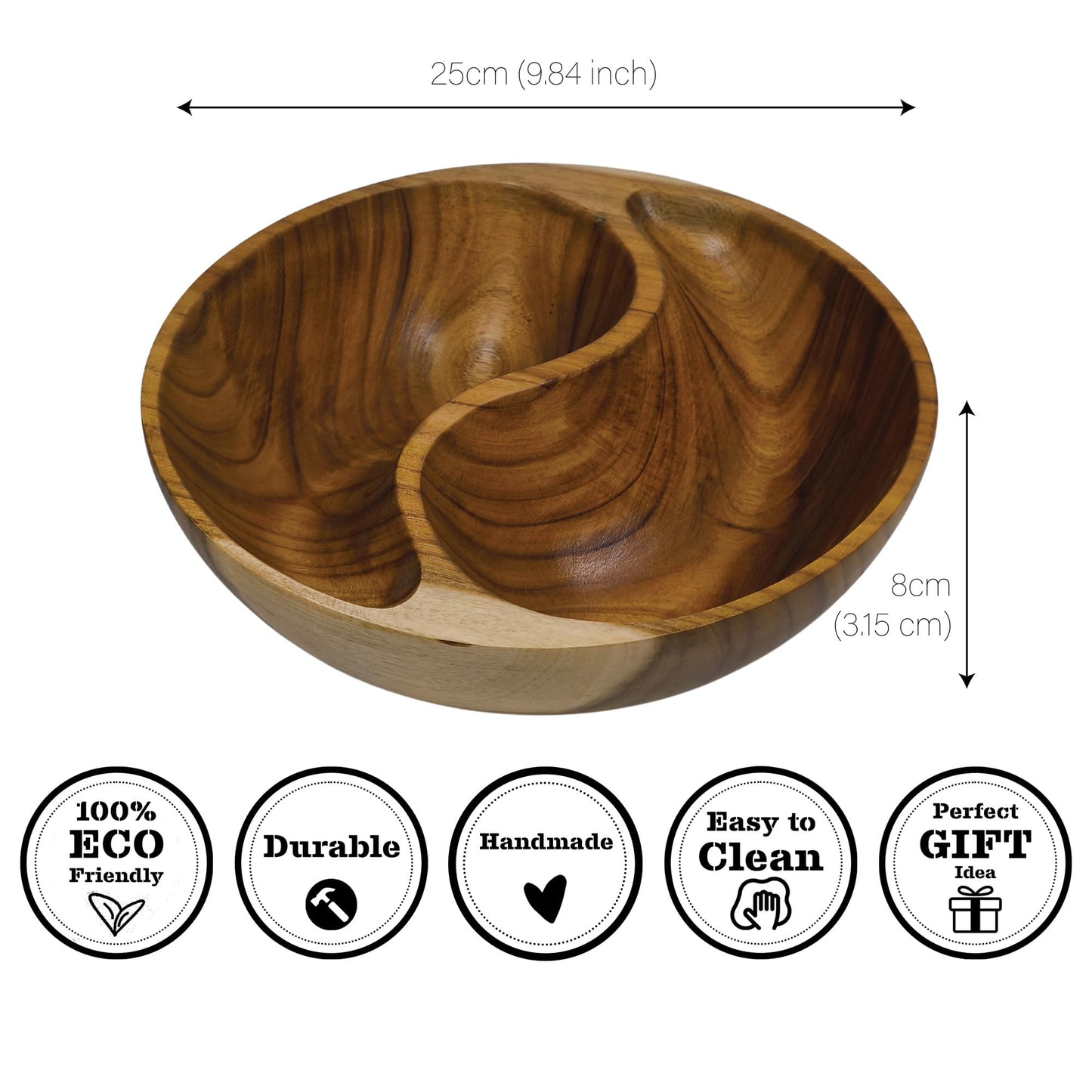 9.8 inches Acacia Wood divided Bowl, in a gift box, for candies, Nuts, dry fruits, made from one pc solid acacia wood, made in Vietnam