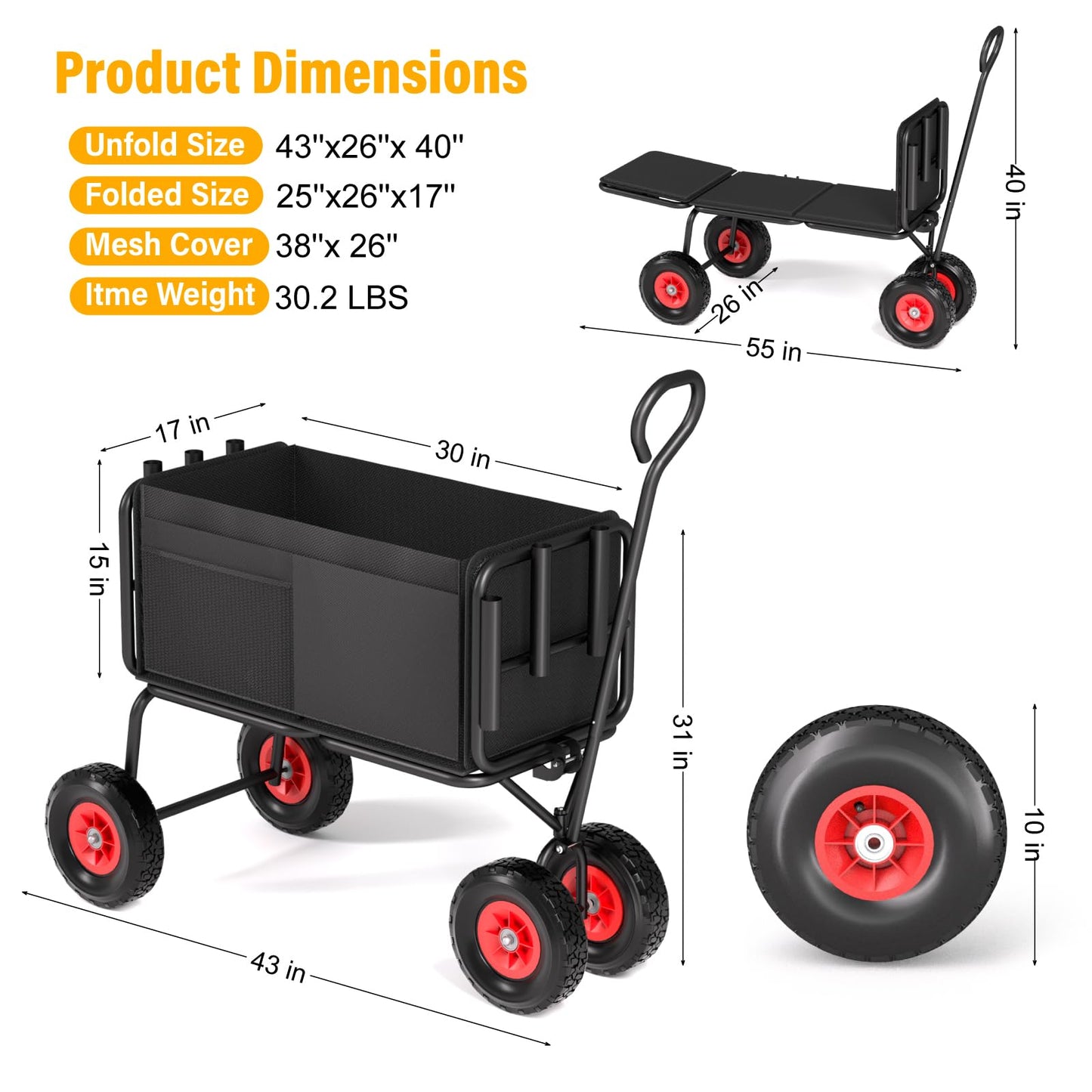 3 in 1 Beach Fishing Cart, Heavy Duty Garden Carts w/All Terrain Inflatable Tires, Folding Wagon Cart, Convert to Chair or Bench with Cushion, Rod Holders and Durable Oxford Bag
