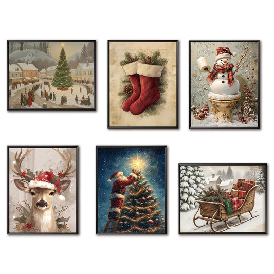 Yaneiro Vintage Christmas Wall Art, Christmas Aesthetic Home Decor 8x10 Inch, Santa Art Oil Painting, Winter Holiday Canvas Printed Posters Set Of 6 Unframed Christmas Tree Decorations