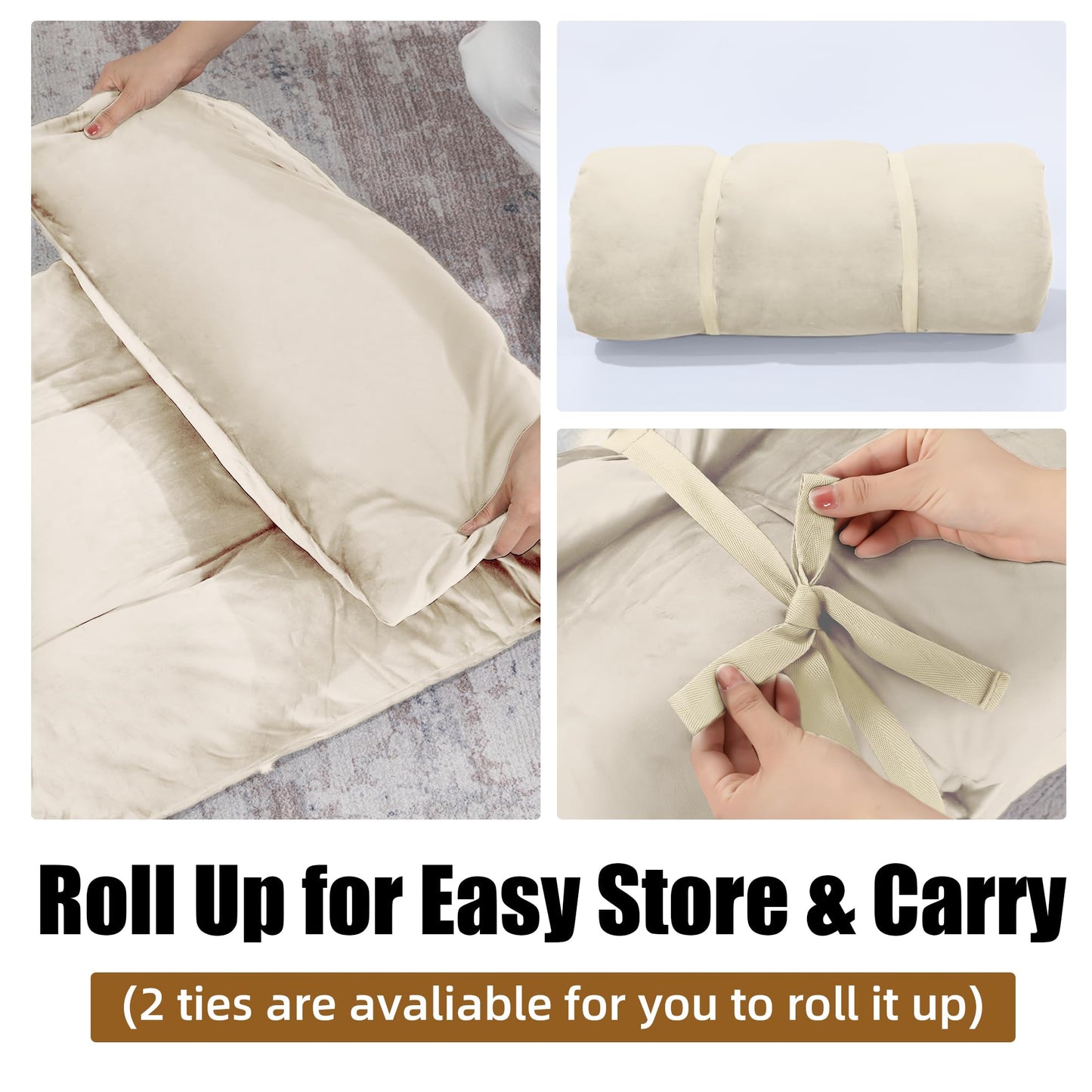 HOMBYS Floor Lounger Pillow Foldable and Tufted Design Long Floor Cushion for Yoga, Reading, Sleeping, Meditation, Elastic Band for Roll Up and Easy Storage, Machine Washable (Beige, 62"x27")