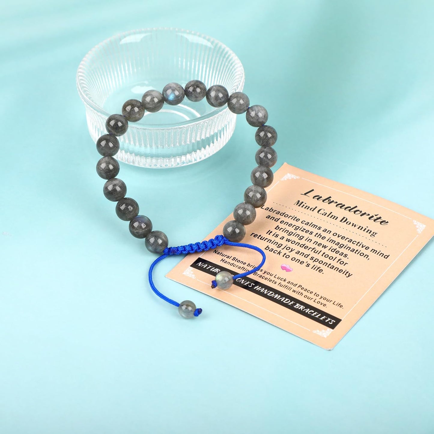 AD Beads 8mm Labradorite Bracelet - Stone of Mind Calm Downing - Handmade Natural Stone Crystal Bracelet with Adjustable Macrame String - Yoga Healing Power Energy Gifts for Men and Women