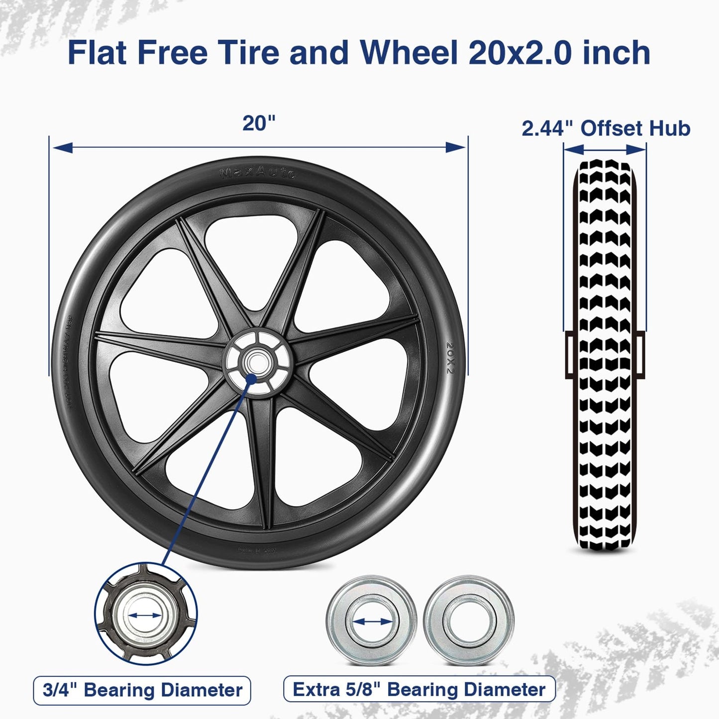 MaxAuto 20x2.0 Rim Flat Free Cart Tire and Wheels Assembly for the Garden Yard Cart, Wheelbarrow, Garden Trailers, 20x2" Non-inflated Tires with 3/4" Bearing, 2 Pack