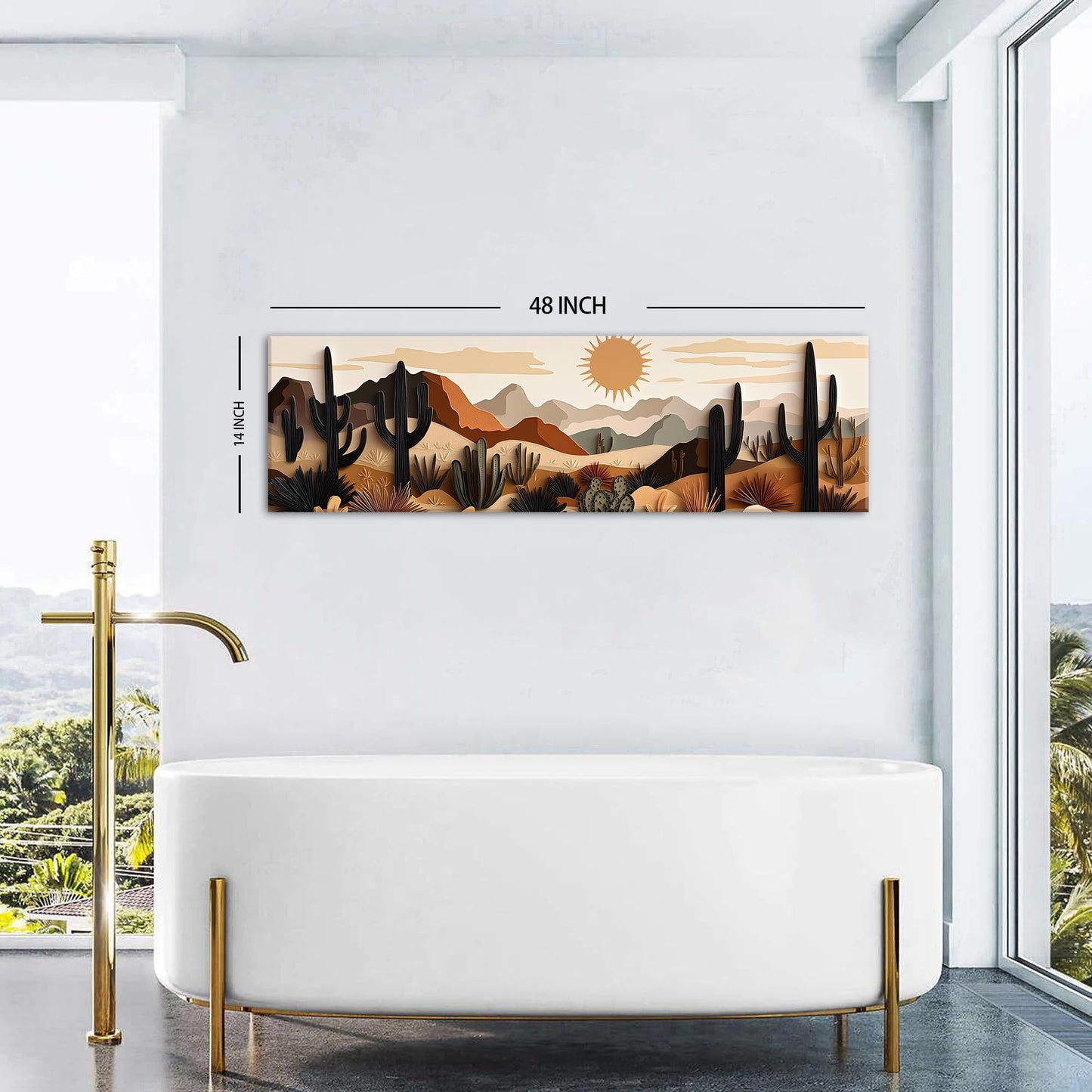 Boho Cactus Wall Art Mid Century Modern Wall Decor for Living Room Beige Geometric Minimalist Picture Abstract Mexican Desert Botanical Mountain Sun Painting Artwork Bedroom Home Decorations 14x48"