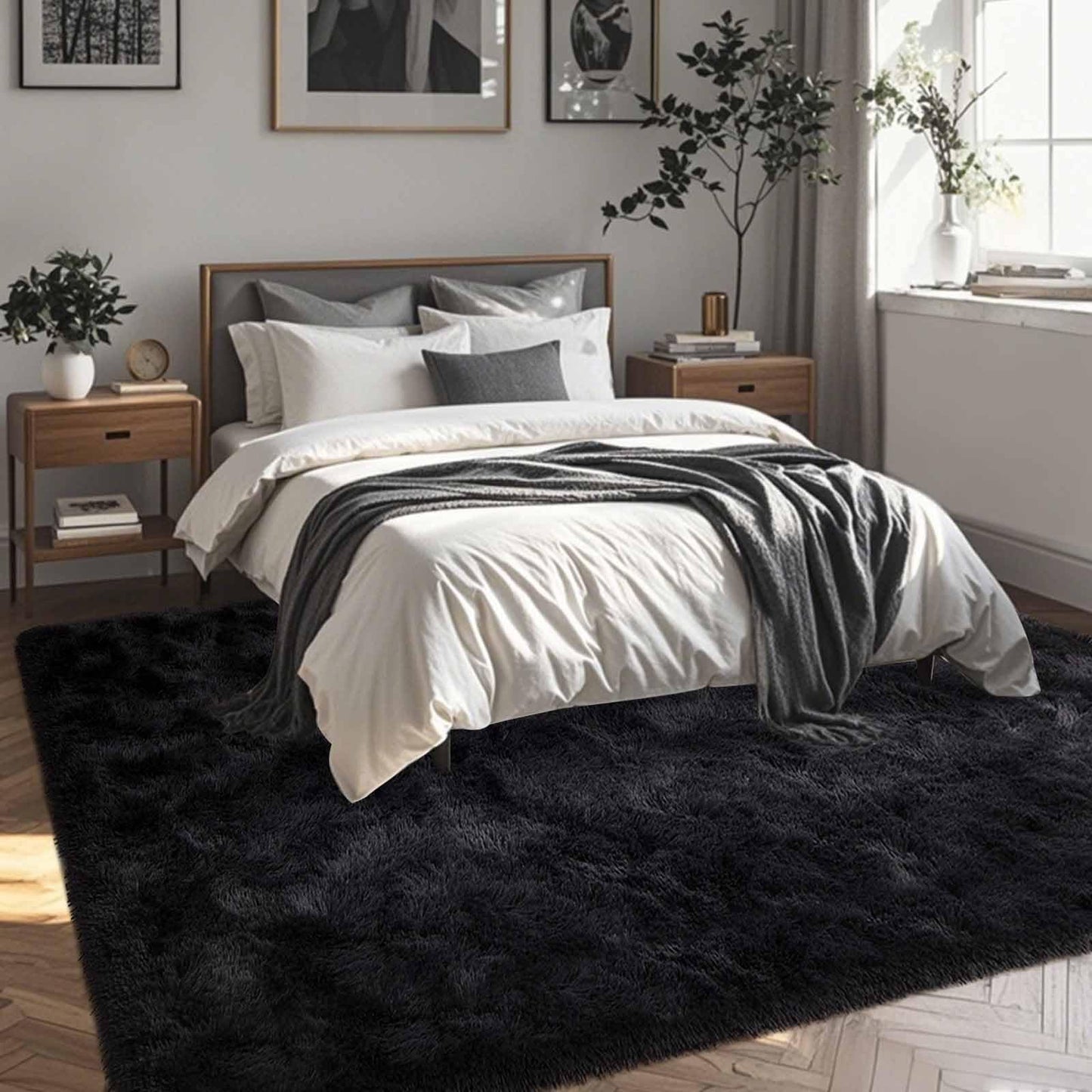 FinRèc Soft Black Area Rugs for Bedroom Living Room, 4x6 Feet Modern Indoor Fluffy Shaggy Rug, Non-Slip Fuzzy Furry Rug for Nursery Kids Room Dorm Room Home Decor, High Pile Plush Floor Carpet