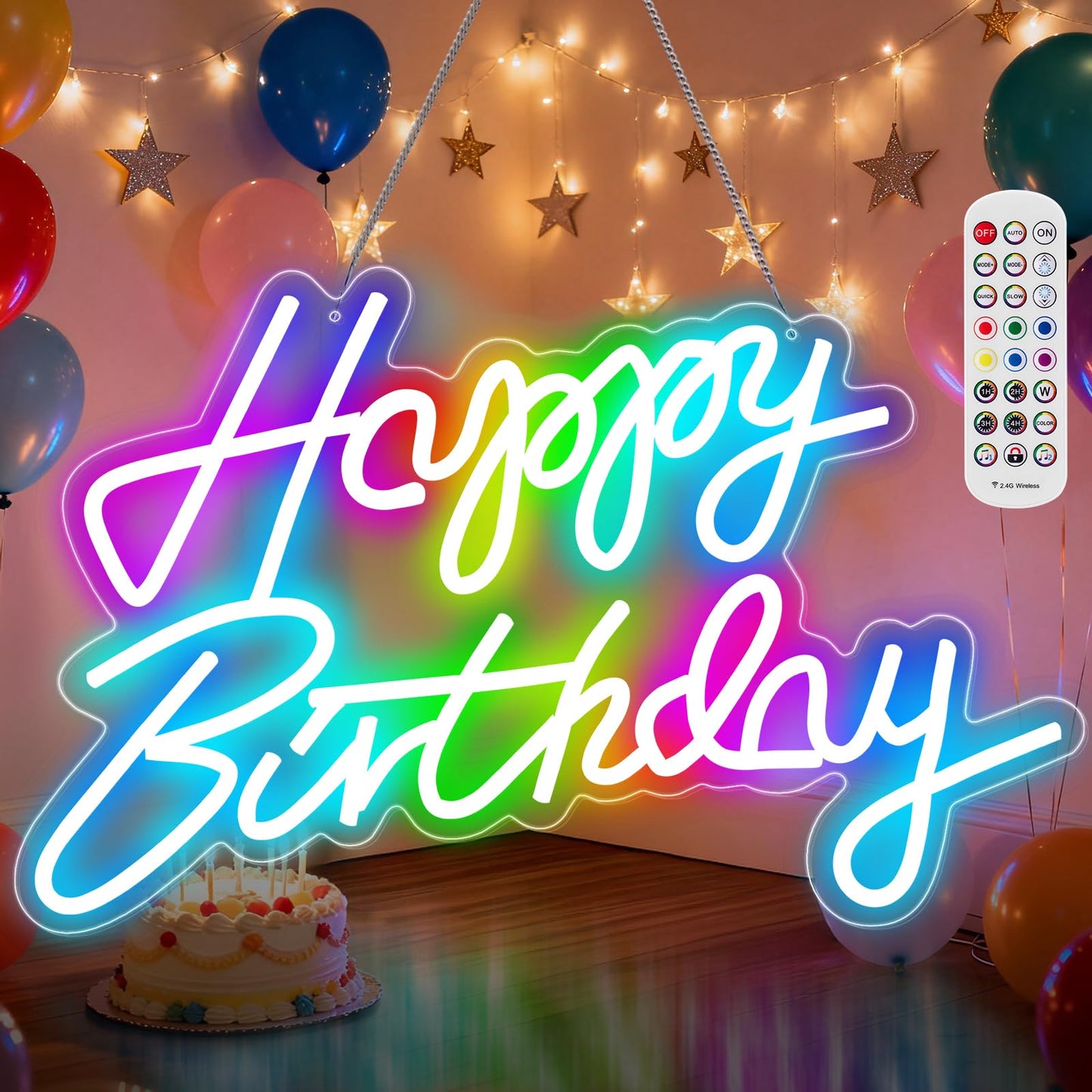 Happy Birthday Sign for Wall Decor, RGB Led Happy Birthday Neon Sign For Party And Remote Control, USB Powered Dimmable Neon Light.Corlorful Happy Birthday Light Up Sign.