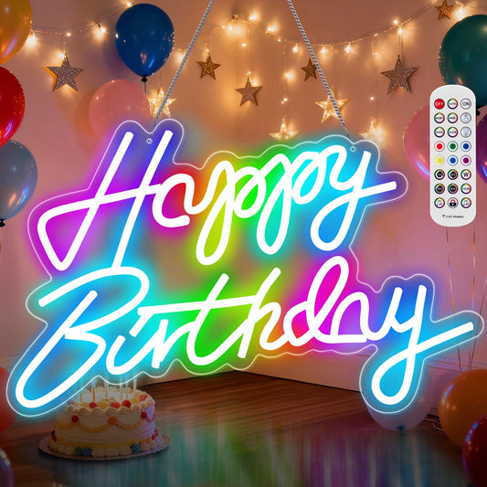 Happy Birthday Sign for Wall Decor, RGB Led Happy Birthday Neon Sign For Party And Remote Control, USB Powered Dimmable Neon Light.Corlorful Happy Birthday Light Up Sign.