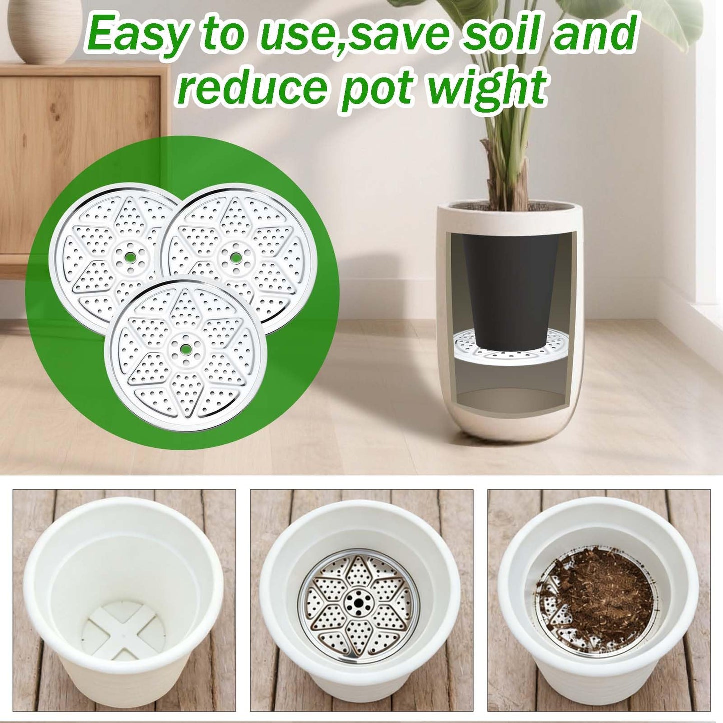 3PCS Round Planter Inserts for Large Tall Pots, 15.7" Stainless Steel Flower Pot Lift Insert Portable Planter Accessories Circular Plant Riser for Inside Pots with Drainage Hole, Use Less Potting Soil