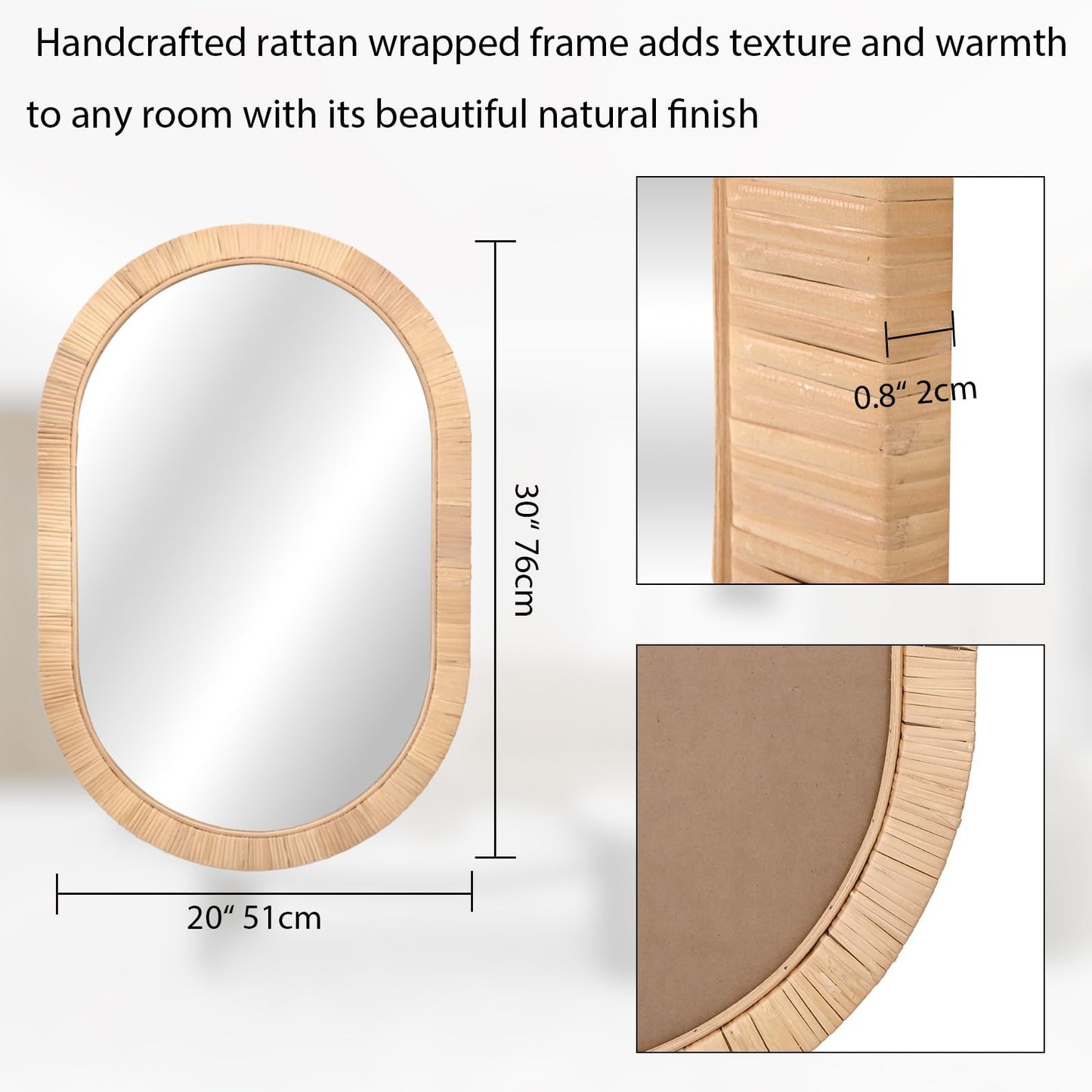 FUIN Handcrafted Rattan Oval Wall Mirror 20x30 – Natural Woven Wicker Frame for Boho Living Room & Entryway – High-Definition Shatter-Resistant Mirror – Vertical or Horizontal Biophilic Home Decor