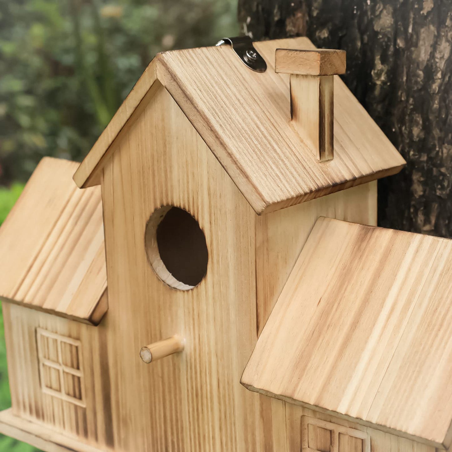 STARSWR Bird Houses for Outside,Outdoor 3 Hole Bird House Room for 3 Bird Families Bluebird Finch Cardinals Wooden Hanging Birdhouse for Garden