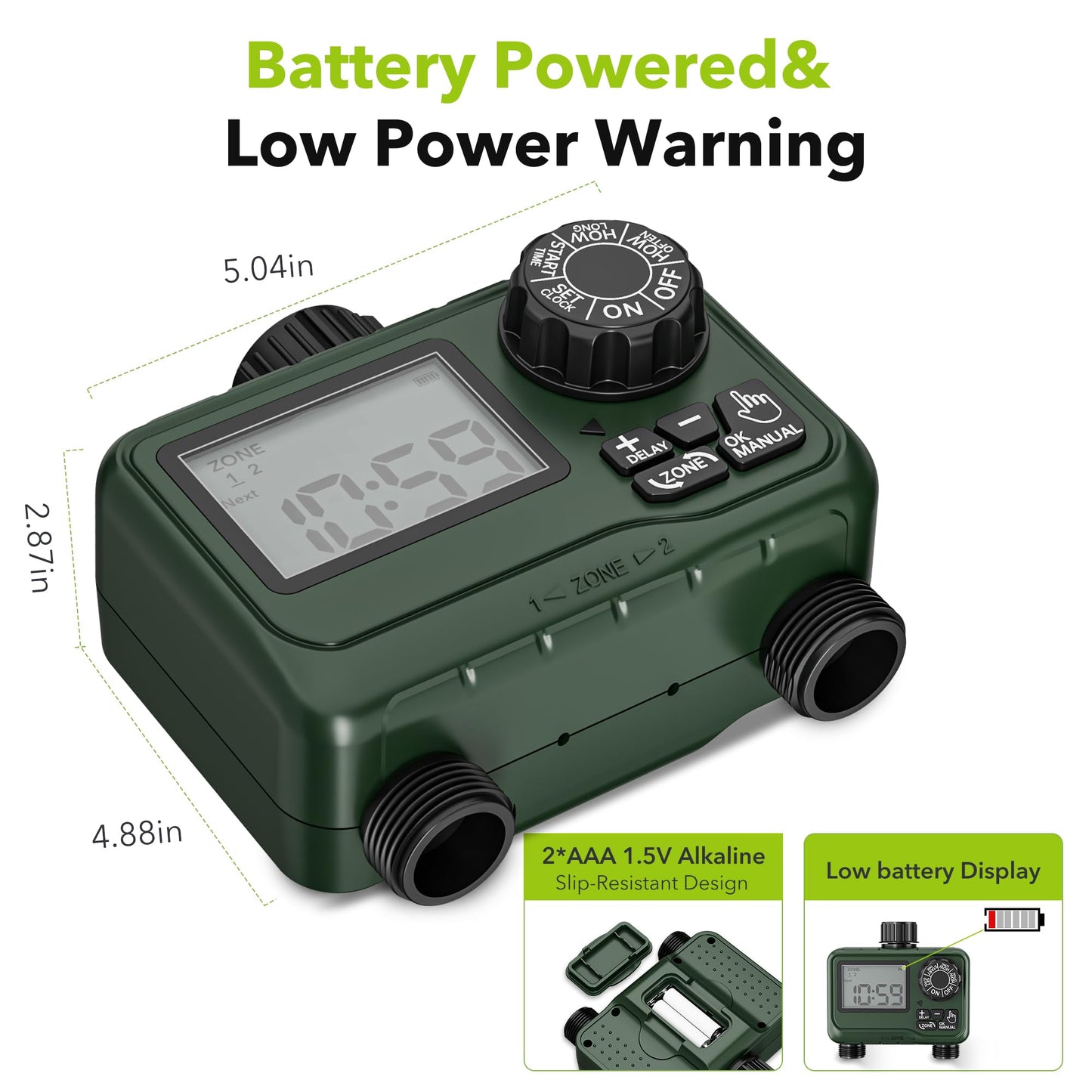 BN-LINK Sprinkler Timer Outdoor - 2 Zone Programmable Water Timer with Rain Delay, Automatic Irrigation System for Lawns & Garden Hoses - Waterproof Manual Controller with Large LCD Display
