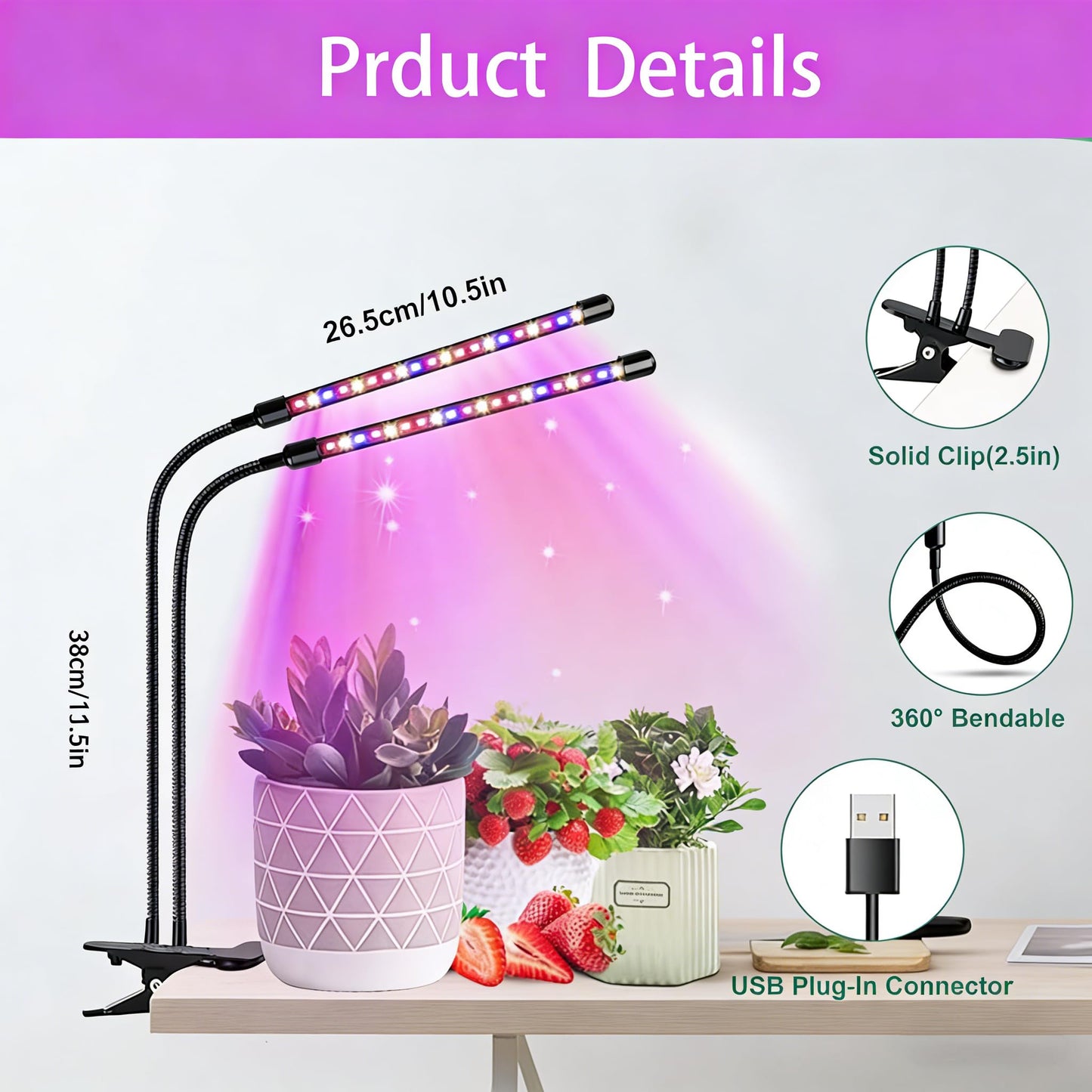 H HNMA HN Grow Lights for Indoor Plants 2 Heads Full Spectrum, Flexible Gooseneck Clip On Plant Light 40 LEDs, 3/9/12H Auto Timer 3 Modes 10 Brightness Levels for Seed Starting, Flowers & Vegetables