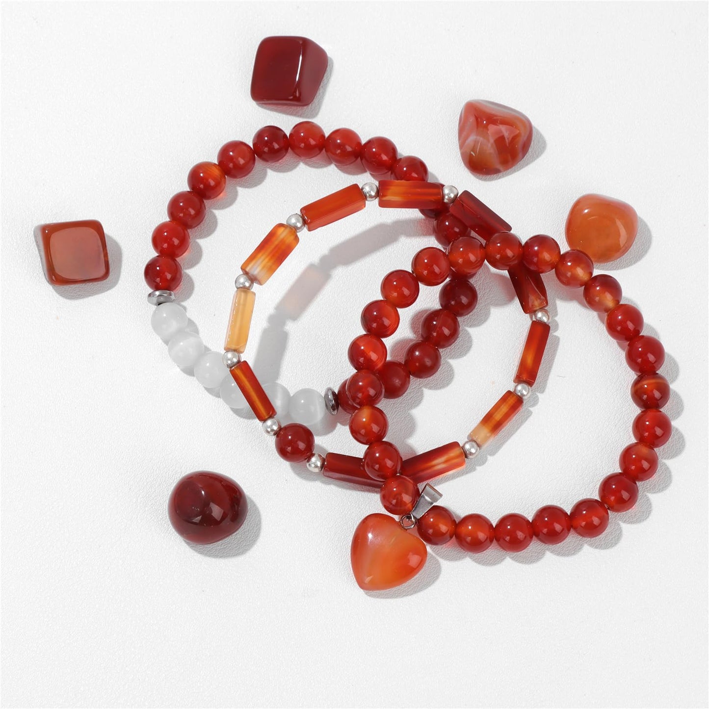 Vinswet Healing Crystal Beaded Bracelets for Women,Natural Amethyst Moonstone Gemstones Bracelet,Anxiety Stress Relief Heart Charm Bracelet Handmade purple Jewelry Gifts for Women (3pcs) (Red agate&Moonstone)