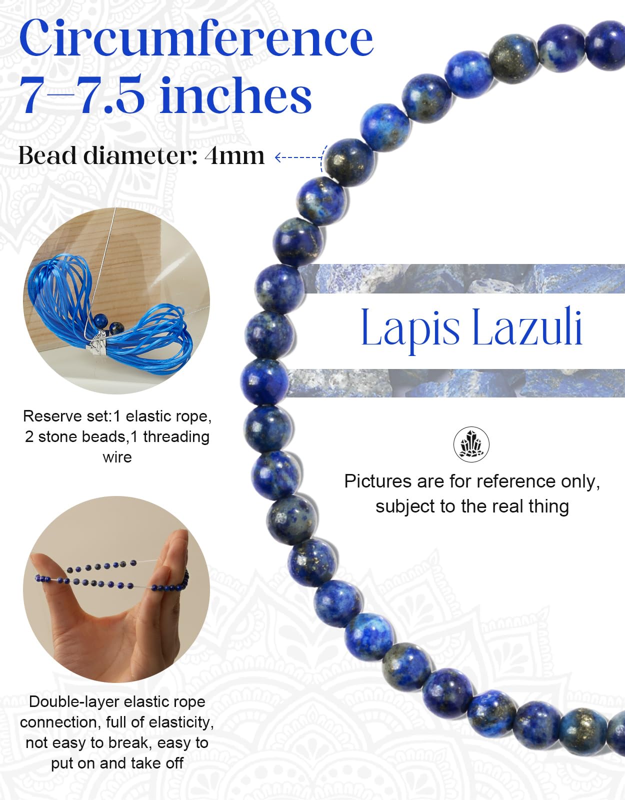 Landorilo Beaded Bracelet for Men Women, 4mm Natural Stone Lapis Lazuli Healing Crystal Stretch Bracelets, Ideal Christmas Birthday Jewelry Gifts with Energy Card，Replacement Beads Included