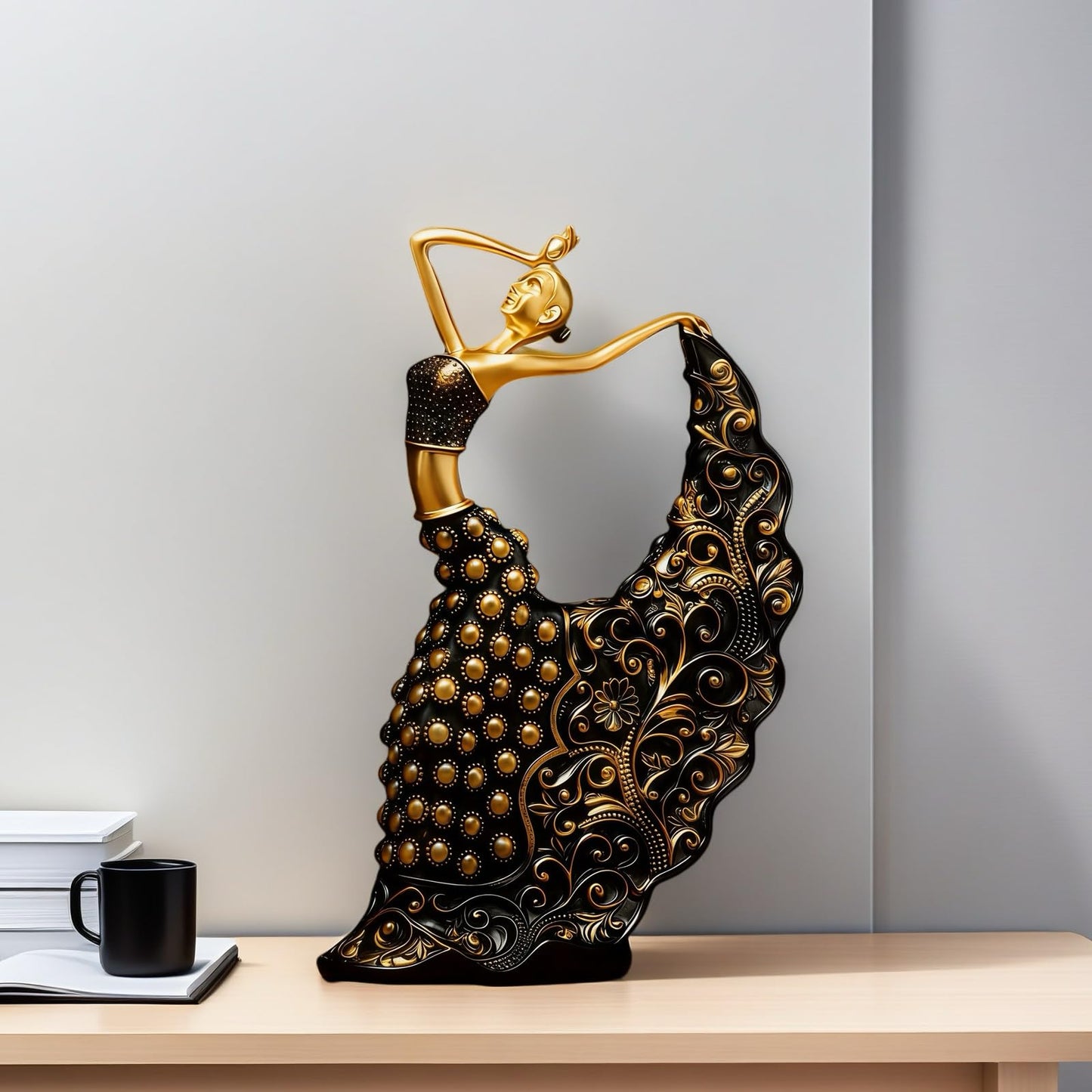 XINDAM Elegant Peacock Art Figurine Dancer Statue Decorative Home & Office Figurines Home Office Display Craft Living Room Decor Ornaments for Tabletop Black and Gold