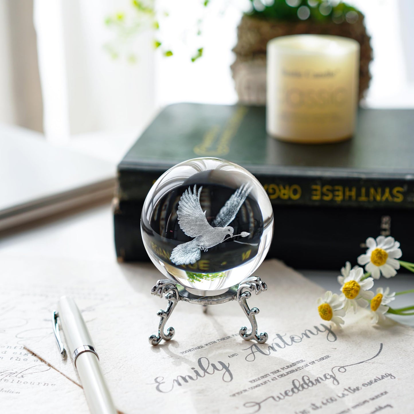 ZEERSHEE 60mm 3D Peace Dove Crystal Ball Figurine with Stand Glass Pigeon Ornament Decor for Home Table