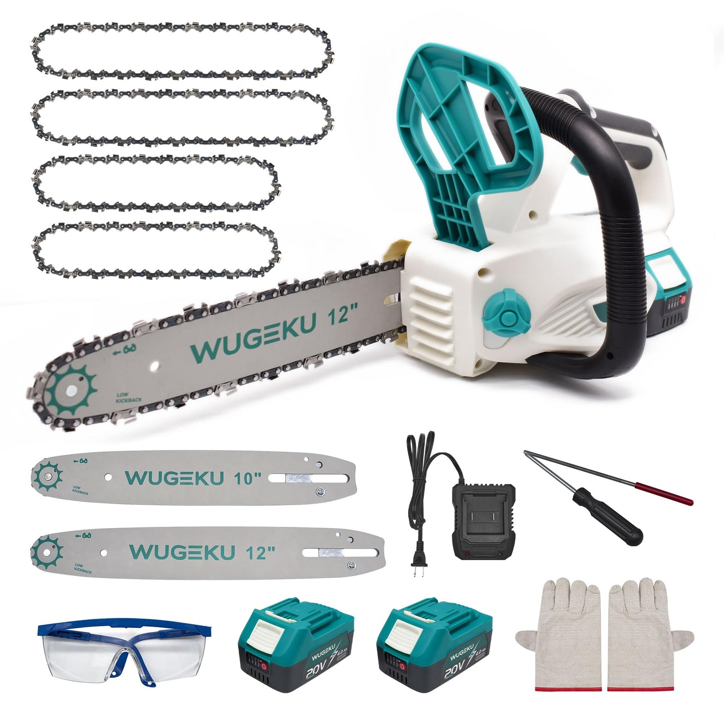 Wugeku 12" & 10" Electric Chainsaw Cordless, 20V Brushless Battery Chainsaws with 2 x 4.0AH Batteries - 4 x Chains, Auto Oiler, Tool-Free Chain Tension, Safety Lock