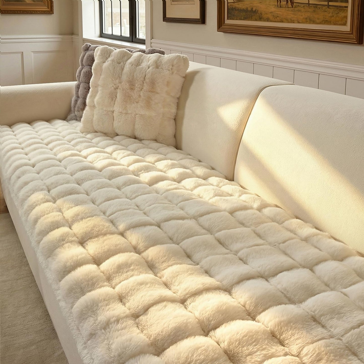 OHSIO Couch Cover for Pets Plush, Non Slip Cozy Sofa Cover Pet Friendly, Soft Thick Fuzzy Sofa Slipcovers for 3 Cushions Washable Couch Sofa Funiture Protector(White,27.6'' x 63'')