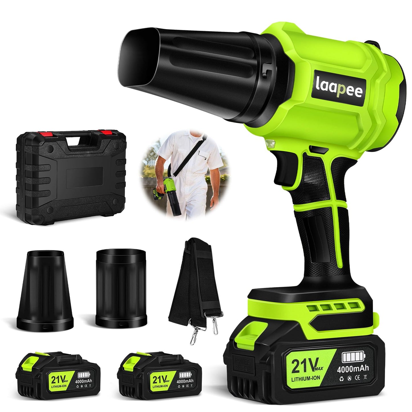 Leaf Blower Cordless,Battery Powered 800,000 RPM Electric Leaf Blower with 2 x 4.0Ah Battery and Charger Handheld Blowers for Lawn Care,Dust,Snow,Car Blowing Water with 2 Extended Nozzle