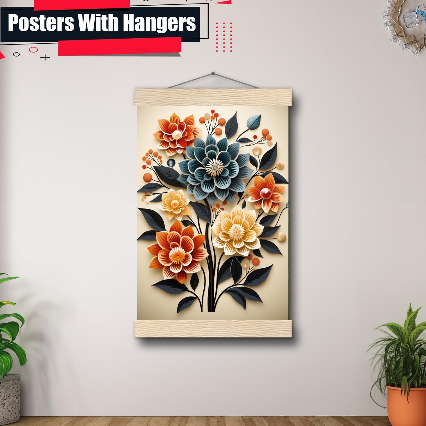 Scandinavian Folk Art, Black and Beige Abstract Botanical Wall Art for Scandinavian Home Decor, Wall Art, Art Print