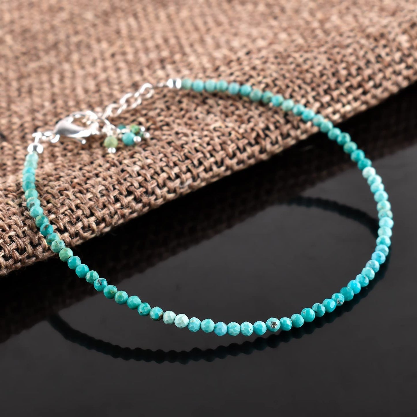 QNAVIC Real Shaded Blue Turquoise Gemstone Micro Round Beads Dainty Bangle Bracelet Jewelry for Women Healing Chakra Crystals December Birthstone Gifts Silver Plated Chain 8 inch
