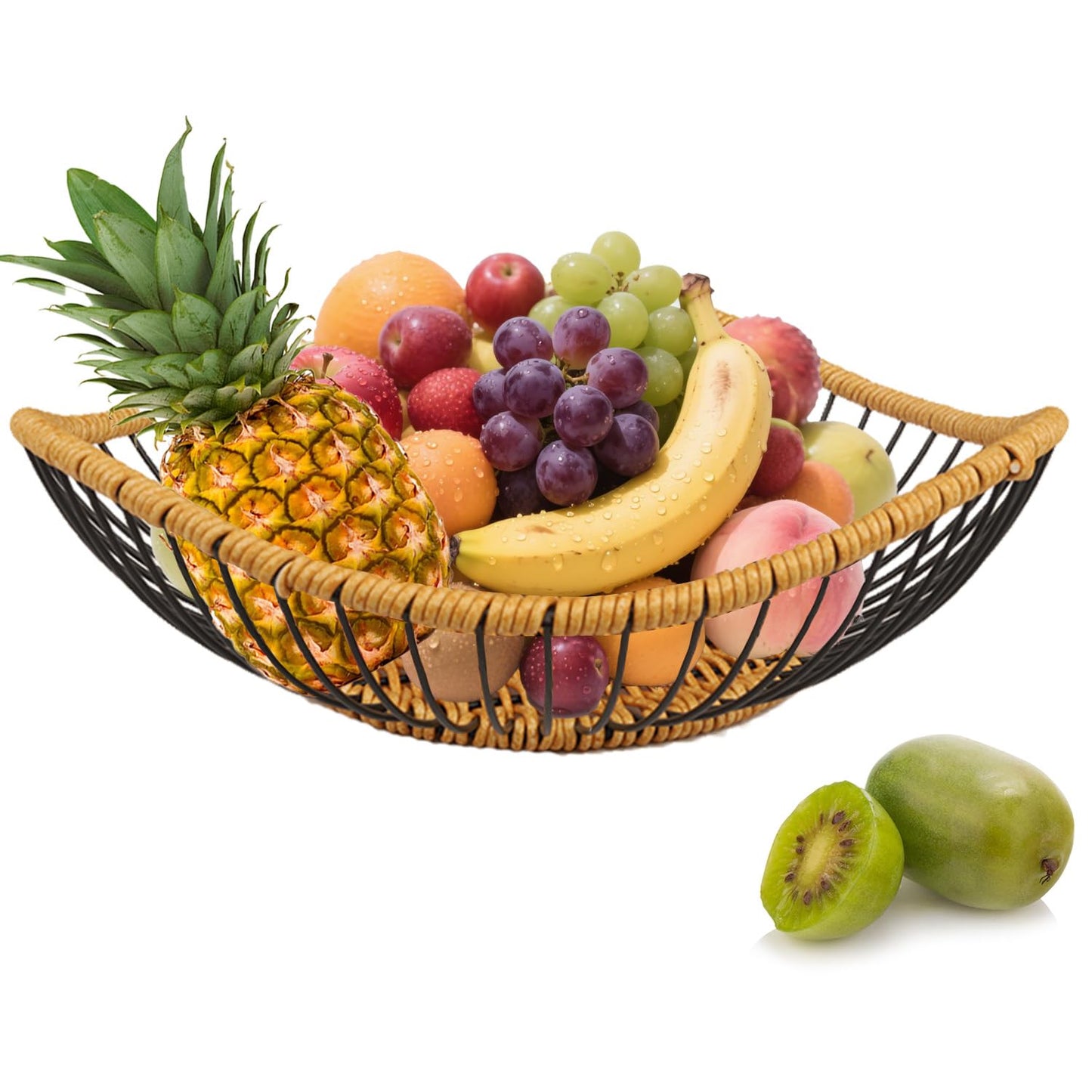Vine Woven Iron Fruit Bowl, Metal Wire Fruit Basket, Vegetable Drain Basket, Storage Baskets for kitchen counter, countertop,Snacks, Candy, Bread,Cosmetics,Table decorative(10 x 2.95 Inches)