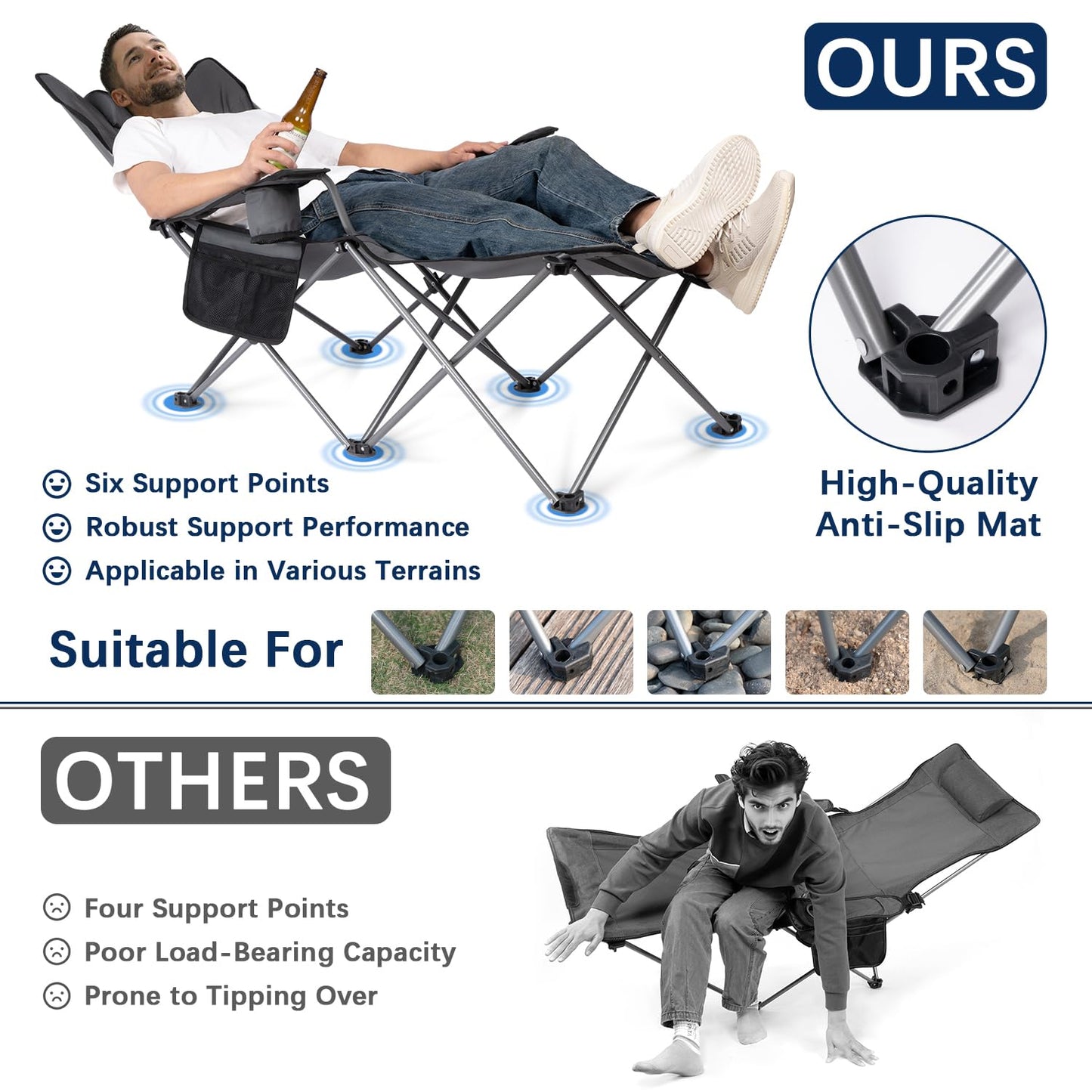 apollo walker Reclining Beach Chair, Adjustable 90-135° Backrest Camping Lounge Chairs for Adults, 6-Legged Folding Chair with Foot Rest & Detachable Pillow, Includes Carry Bag, Grey