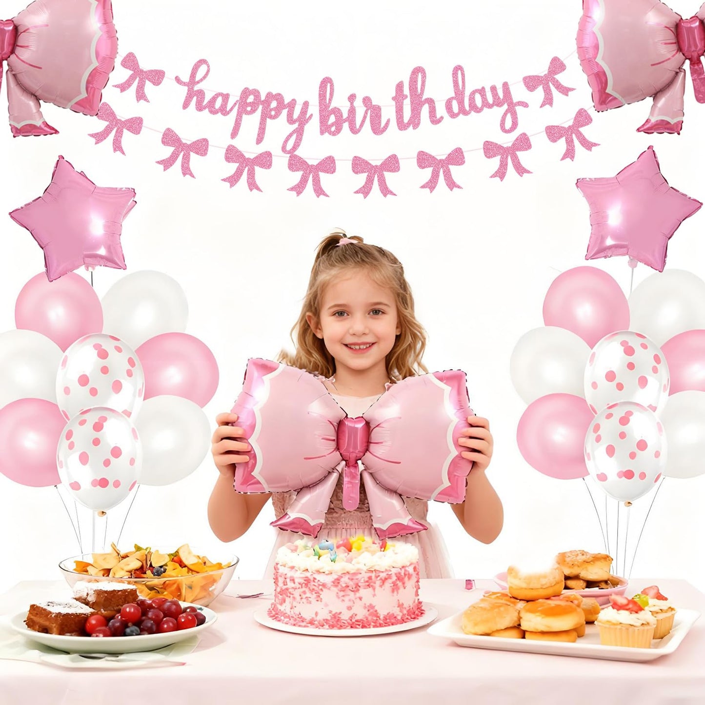 Phoaxul Cute Pink Bow Birthday Decorations for Girls, Glitter Happy Birthday Banner, Bow Balloons, Pink Party Decorations for Women, Baby Girl Shower, Princess Bday Party Supplies