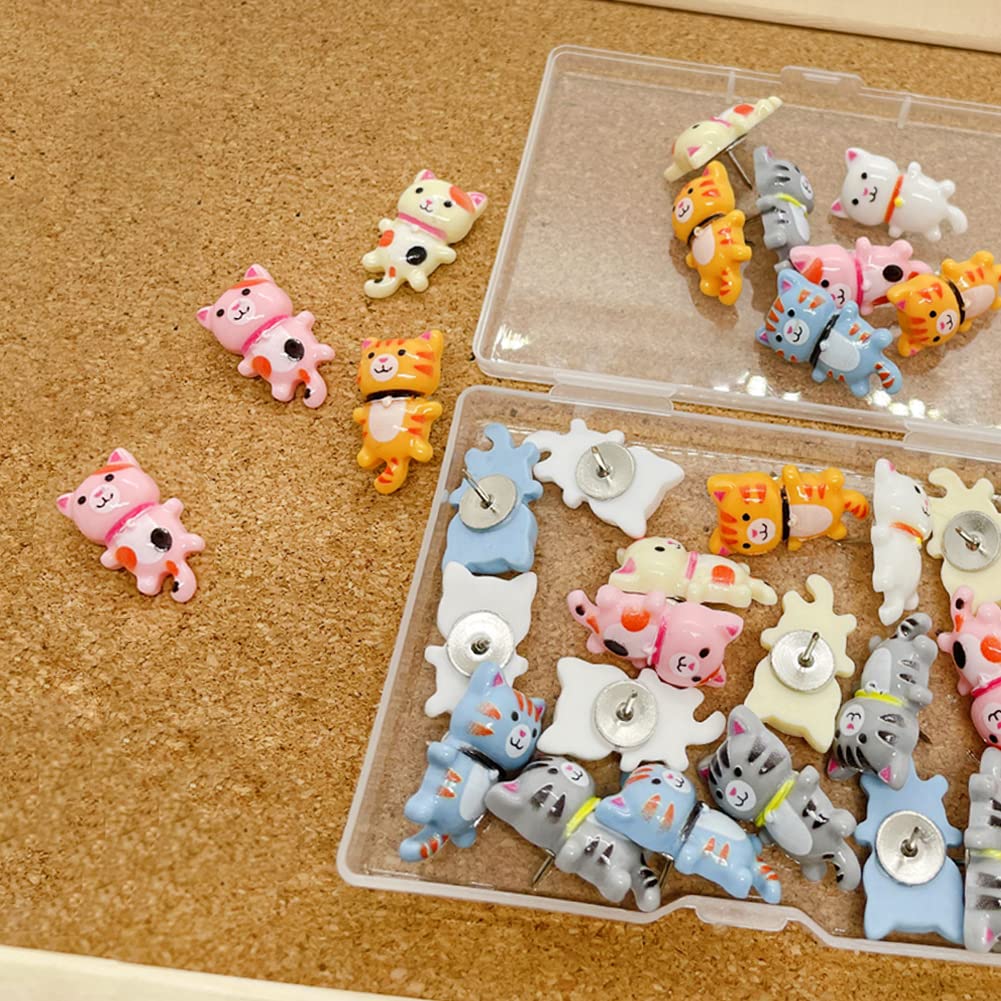 30 pcs Cute Cat Push Pin Decorative Thumb Tacks Animal Push Pins for Photo Wall Maps Memo Note Bulletin Board or Cork Boards Multi-Functional Pushpin Tool Office Accessories