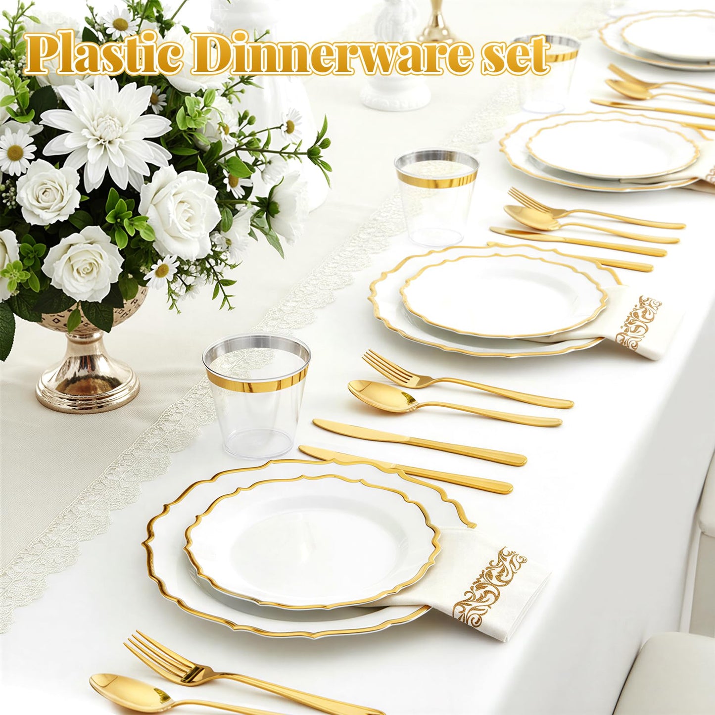 Glowserve 175 Plastic Dinnerware Set Gold Disposable Dinnerware Set for 25 Guests Include 50 Plastic Plates 25 Silverware Set 25 Cups and 25 Napkins for Mother's Day Party Wedding Birthday