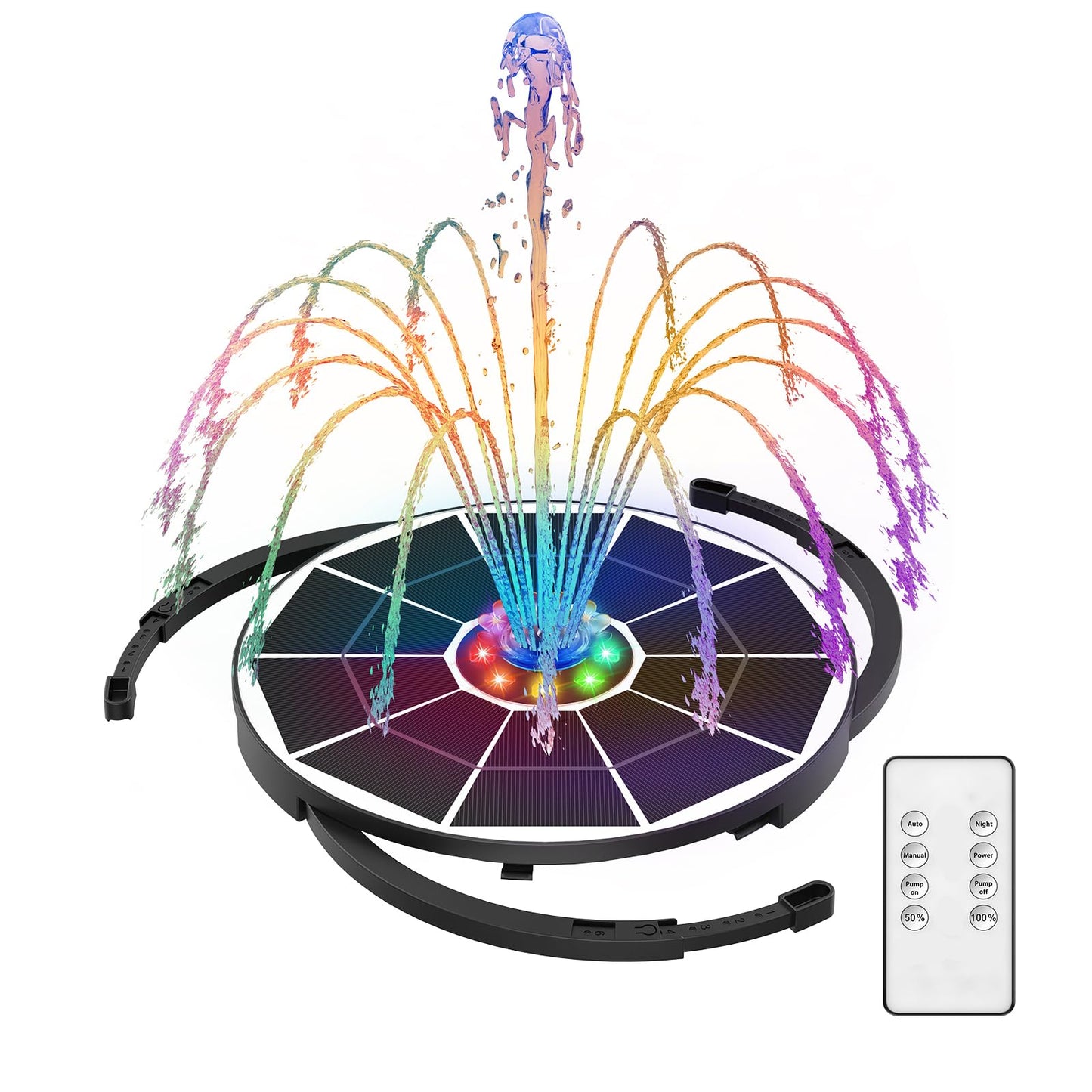 AISITIN 5.5W Solar Fountain Bird Bath with LED Colorful Lights & 3000mAh Battery, Remote Control Solar Pump for Fountain with 8 Nozzles, Solar Water Pump for Garden, Pond and Outdoor