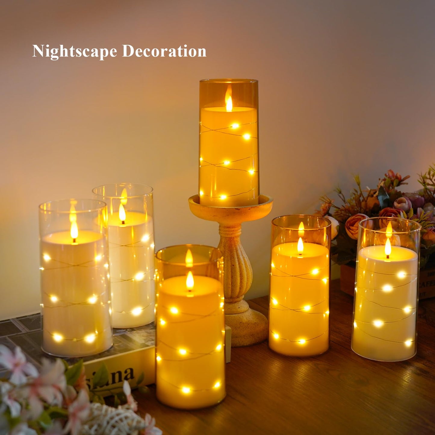 Hinabichan Flickering Flameless Candles with Remote Timer, 6pcs LED Battery Operated Candles with Embedded String Lights White, D3 H6