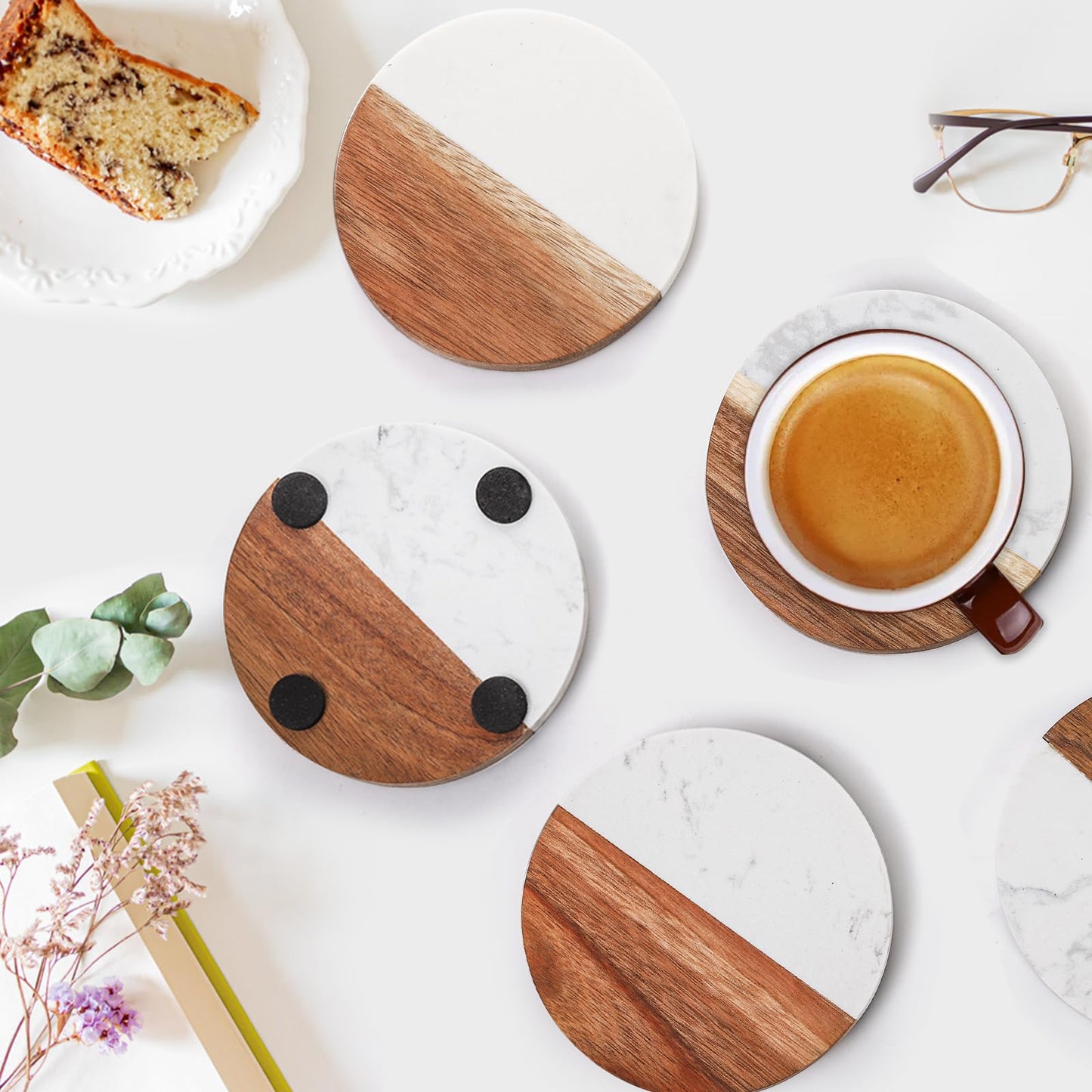 ZENFUN 6 Packs Marble Wood Coasters, Round Coaster, Handcrafted Artificial Marble Coasters Set for Your Drinks and Beverages, Tea, Coffee, Wine/Bar Glasses, Tabletop Protection Helper