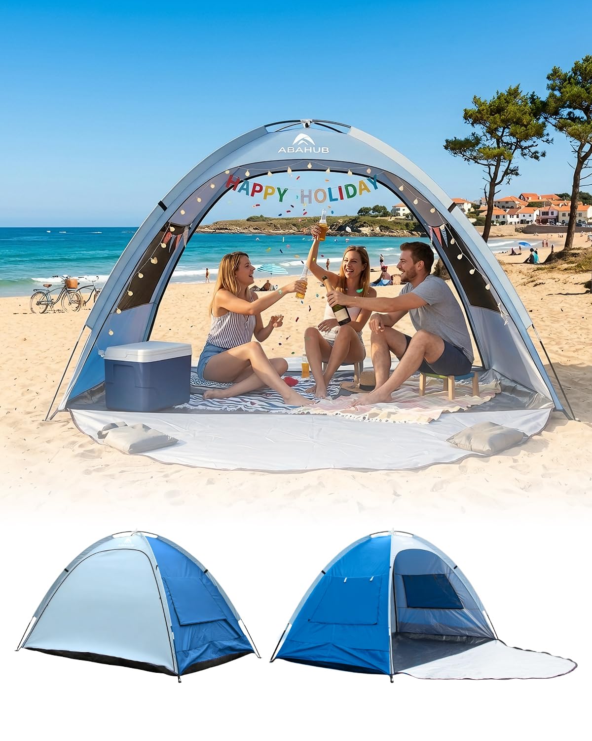 Abahub 3-Person Beach Tent Sun Shelter, UPF 50+ UV Protection Portable Sun Shade with 2 Doors and 2 Mesh Windows, Lightweight Beach Cabana for Beach, Camping, Fishing & Outdoor Activities