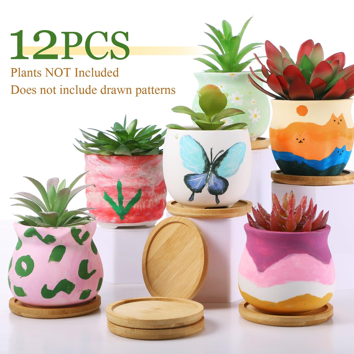 Remerry 12 Pcs 3.5 Inch Mini Succulent Pots with Bamboo Tray White Ceramic Pots Color Your Own DIY Small Planters Containers for Flower Cactus with Drainage Hole for Plant Lover