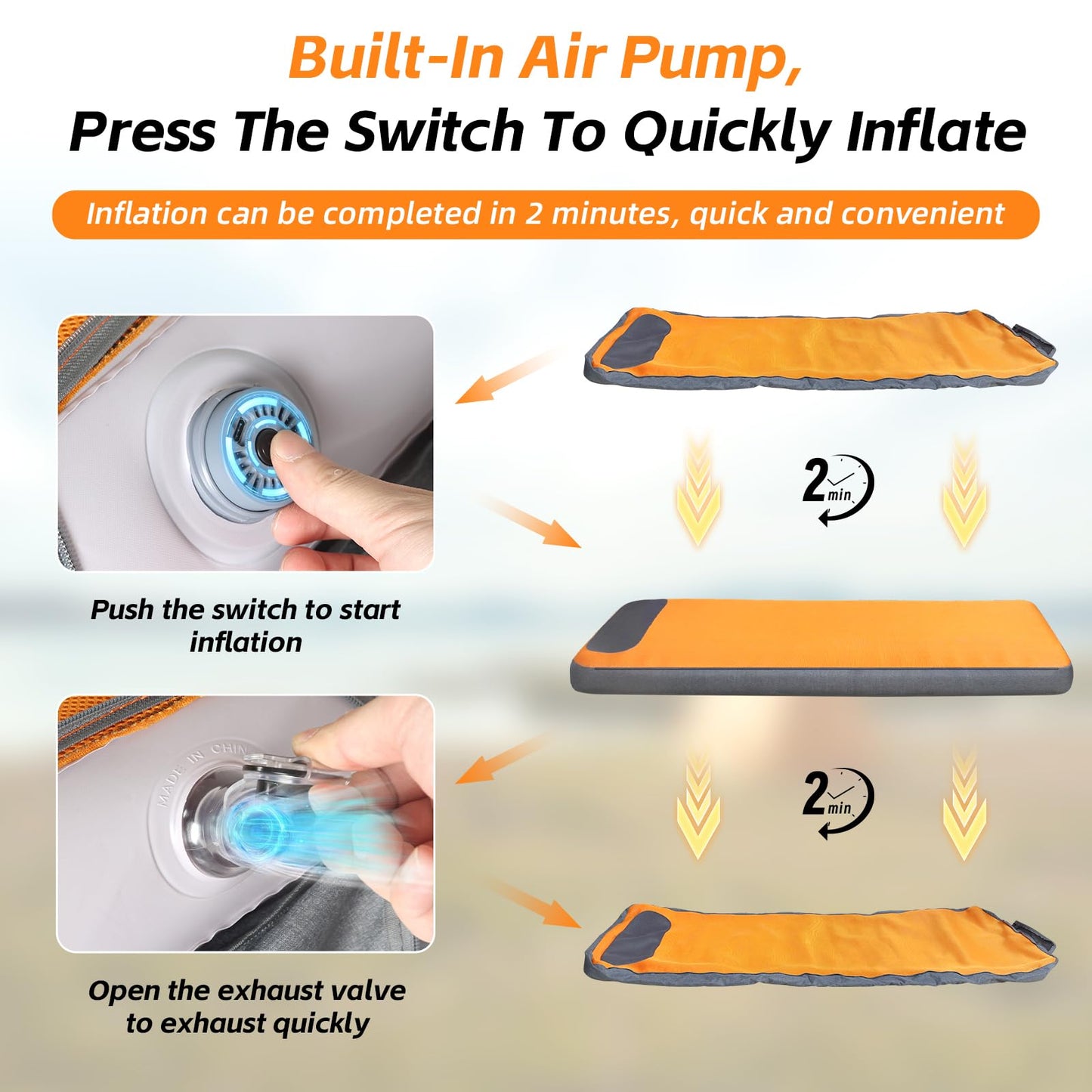 Sleeping Pad, 5.5" Thick Self Inflating Sleeping Pad with Electric Pump,4 Season Camping Mattress Pad with Built-in Pillow, Camping Essentials Gear for Hiking, Backpacking,Tent Use,Camping(Orange)