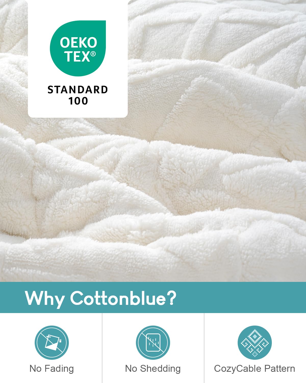 Cottonblue Jacquard Weighted Blanket 15lbs for Adults Queen Size, Ultra Soft Cozy Comfort Sherpa Blanket for Relax and Sleep, Heavy Bed Blankets with Glass Beads, 60x80 Inches, Cream White