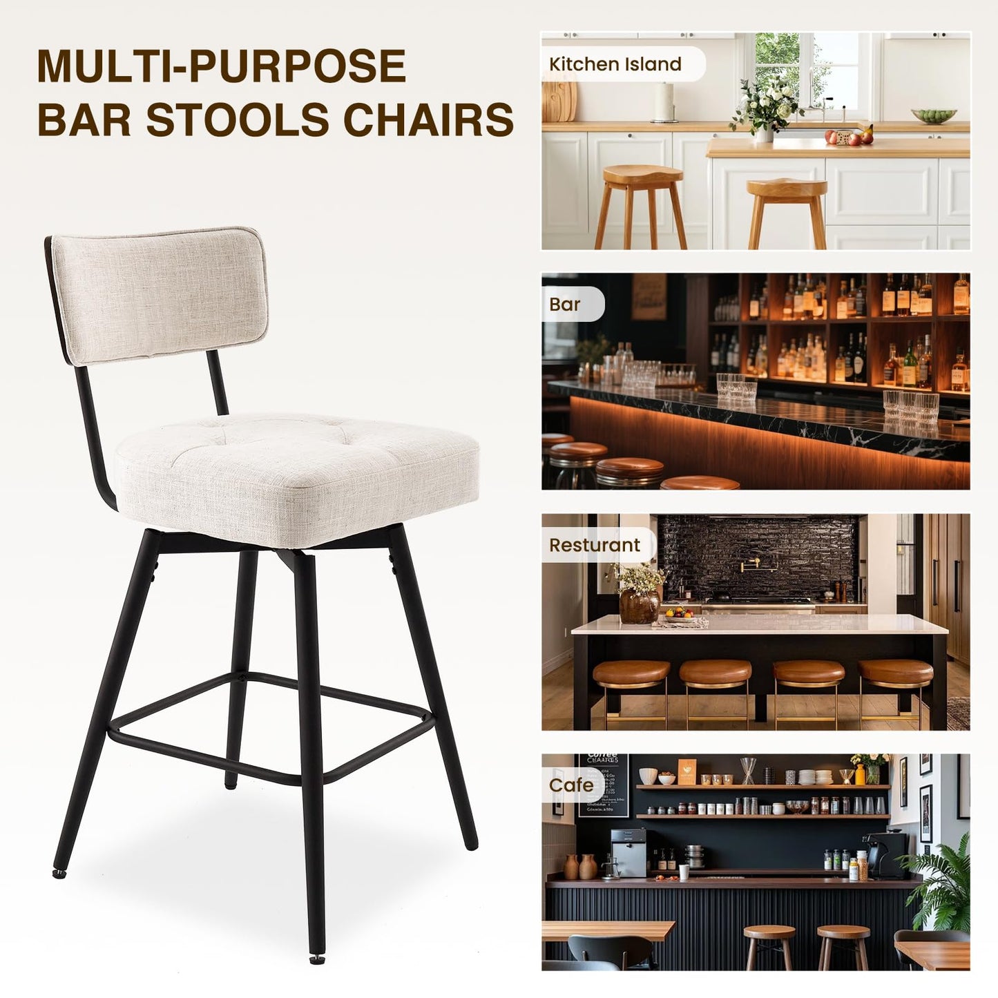 kinmars Bar Stools Set of 4, Counter Height Bar Stools, Modern Counter Stools with Metal Legs, for Kitchen Island Dining Room Bar