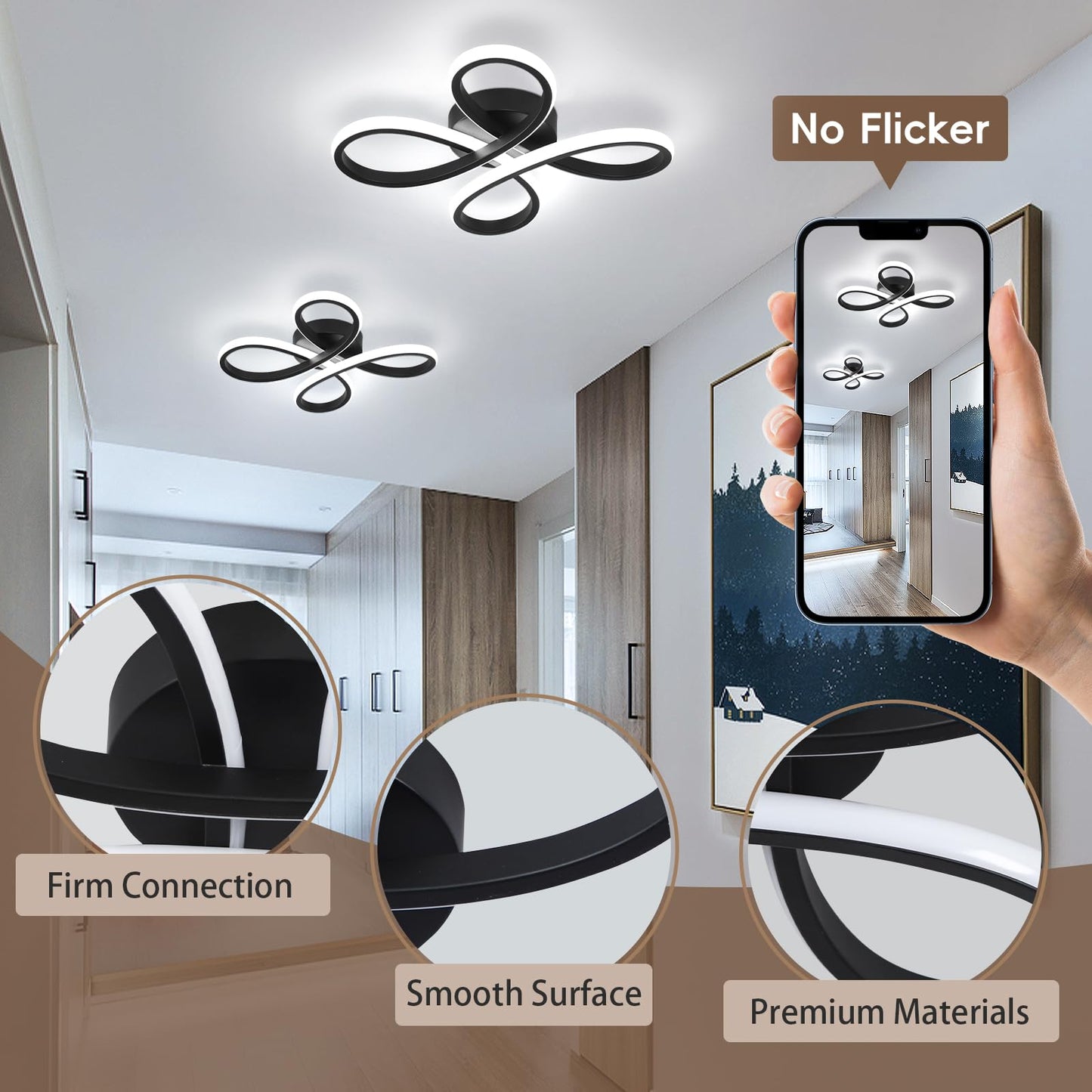 ADISUN Modern LED Ceiling Light, 6000K Semi Flush Mount Ceiling Light Fixture for Living Room, Close to Ceiling Light Fixtures for Bedroom, Corridor, Aisle, Hallway - Indoor Lamp, Black