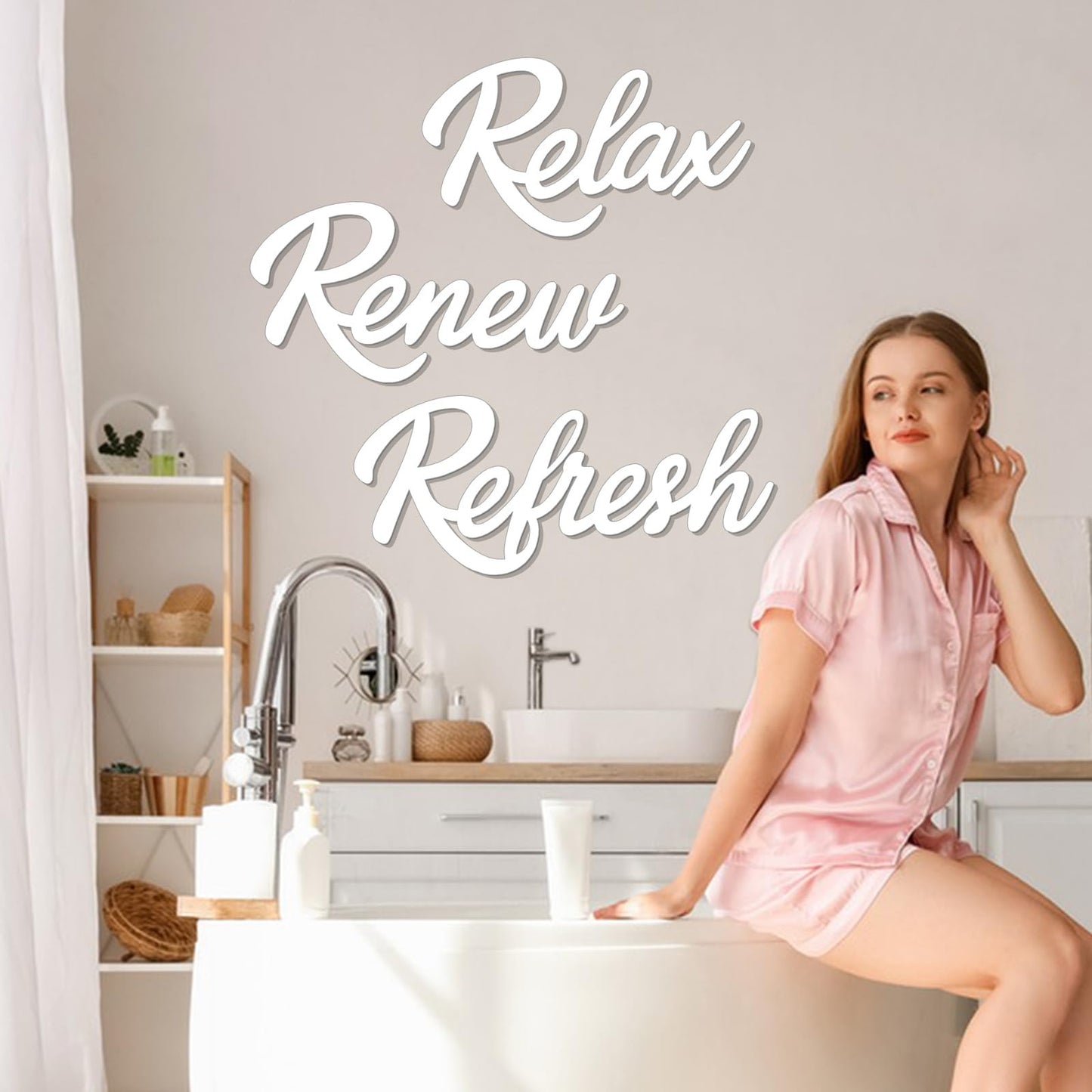 KOYILTD 3 Pieces Bathroom Decor Wooden Bathroom Sign,Relax Renew Refresh Sign (White)