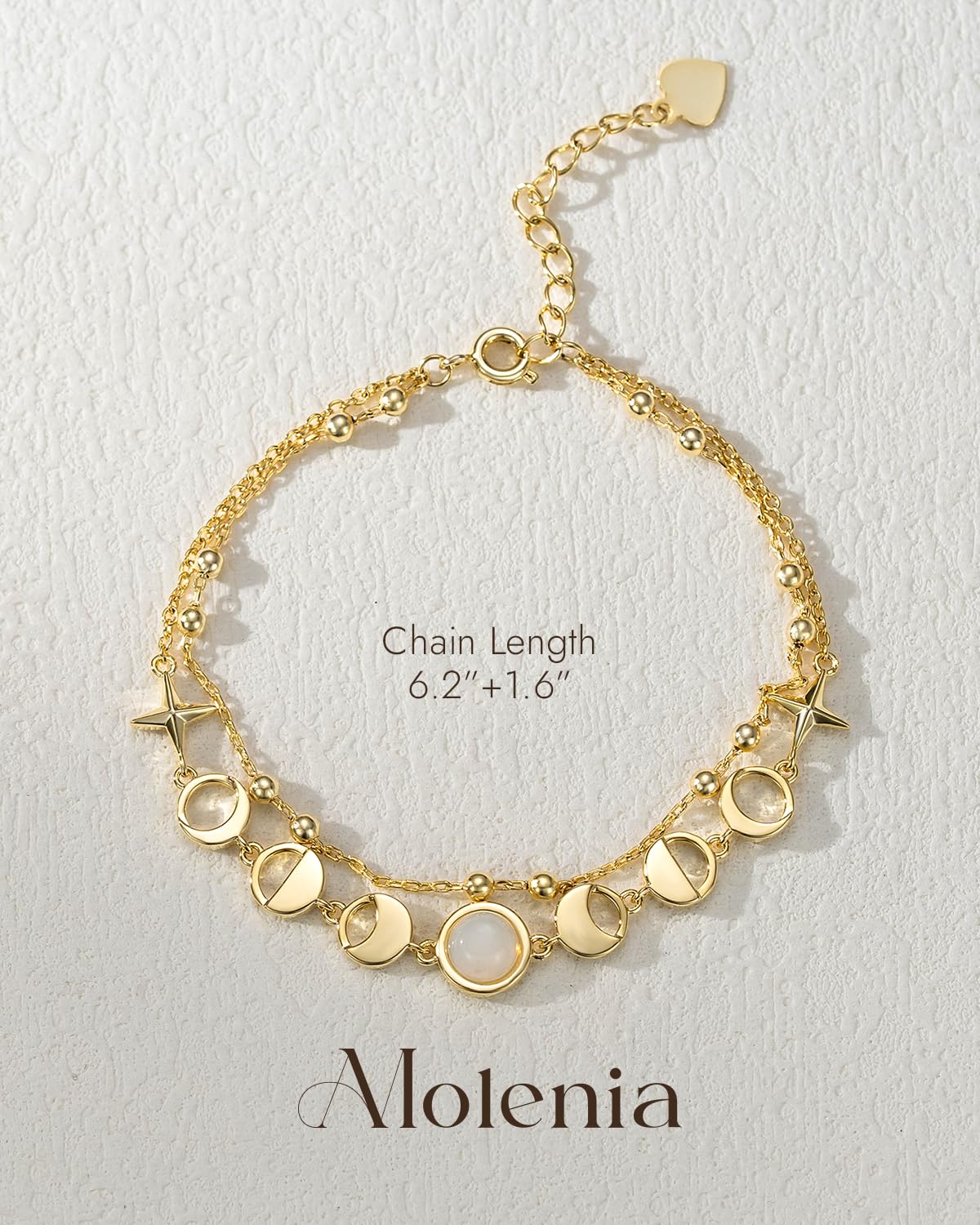 Moonstone Moon Phase Link Bracelet for Women, 14K Gold Plated Celestial New Full Moon Lunar Charm Double Layered Chain Gift for Birthday Christmas Boho Spiritual Jewelry for Wife Girlfriend Daughter