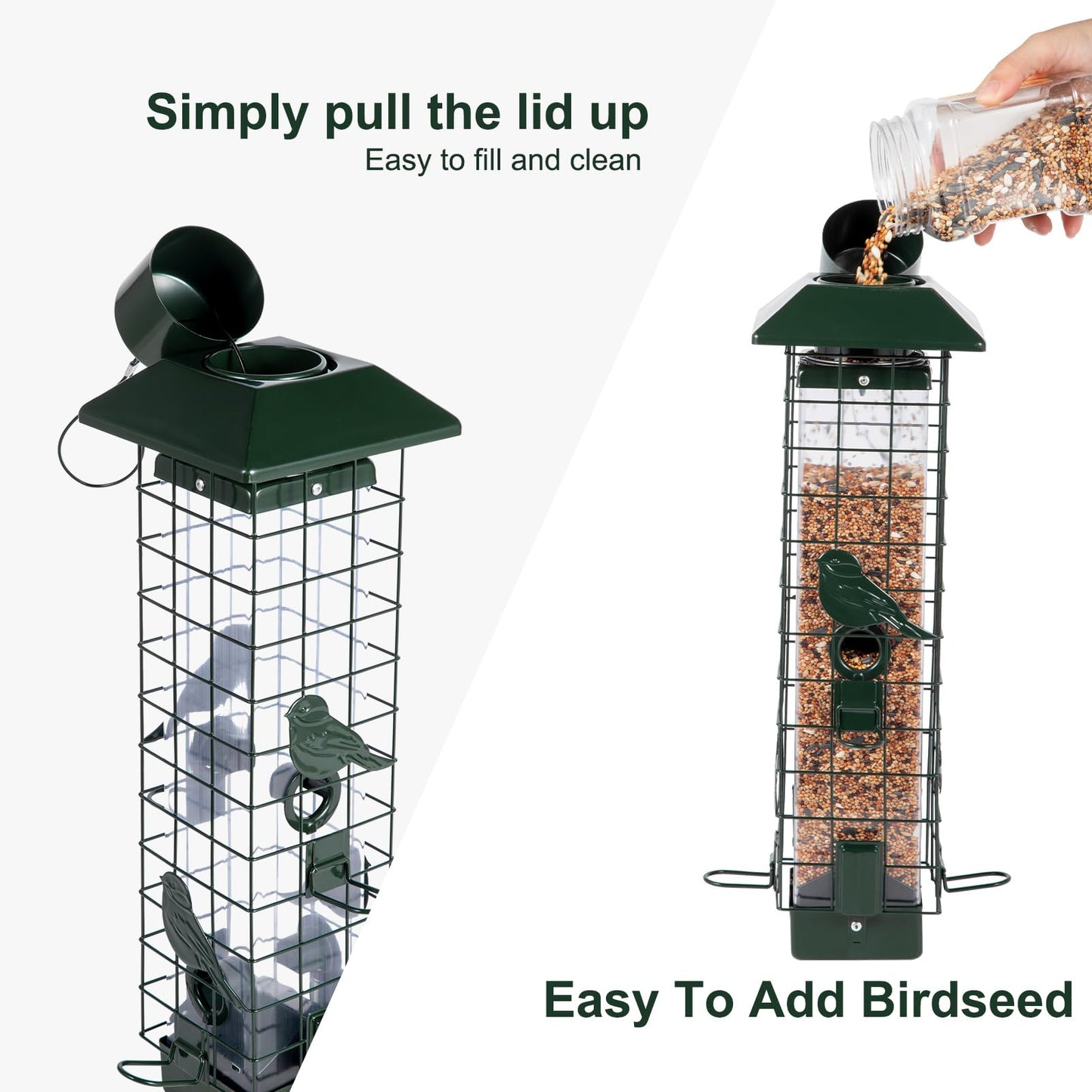 Squirrel Proof Bird Feeders for Outdoors, Metal Wild Bird Feeder for Outside Hanging, 4 Ports Perches, 3LB Large Capacity (Green)