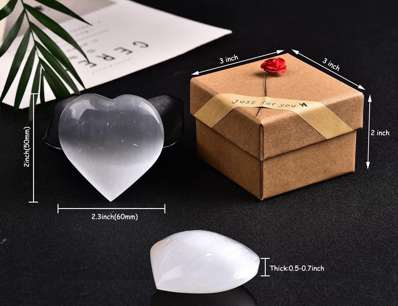 JIC Gem Selenite Heart 2 Inch(60mm) Love Palm Worry Stone Crystals and Healing Stones with Free Display Holder and Gift Box Home Decoration