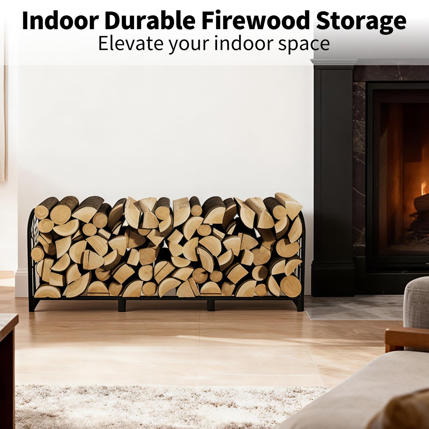ZONVEOKE 4ft Firewood Rack Outdoor Indoor, Heavy Duty Log Storage Holder with Artistic Tree Silhouette Sides, Steel Wood Pile Stand for Backyard, Patio & Porch, Holds 1/4 Cord Firewood