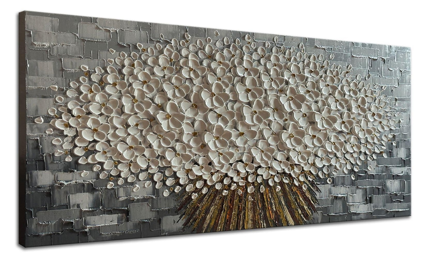 Alenoss Gray and White Abstract Floral, 3D Textured Flower Painting, Modern Living Room Wall Art, Gray Canvas Wall Decor