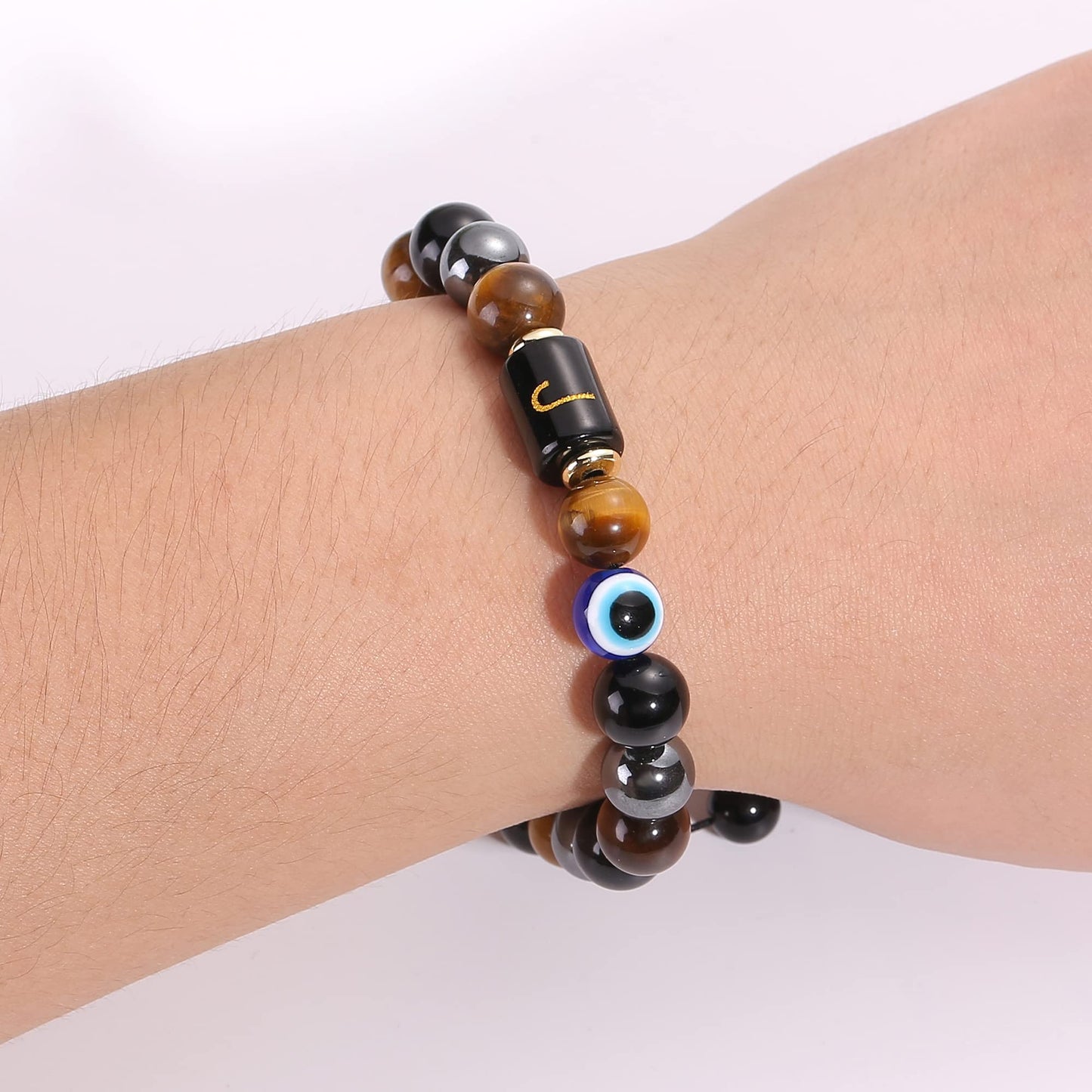 Initial Triple Protection Bracelet for Men,Black Evil Eye Tiger Eye Hematite Obsidian Good Luck Healing Crystal Stones Mens Bead Bracelet Jewelry Gift (J initial bracelet, Triple Protection)