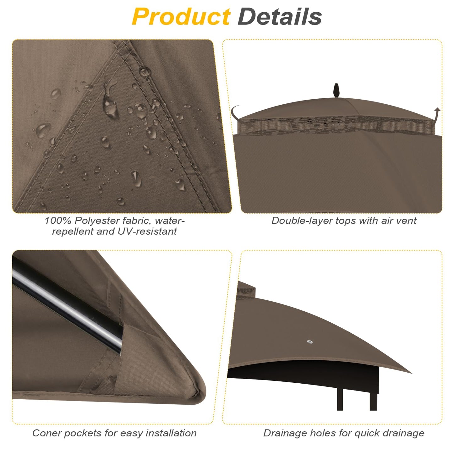Replacement Canopy Top Cover, Double Tiered Waterproof Canopy Roof for Lowe's Allen Roth Gazebo #GF-12S004B-1 (Brown)