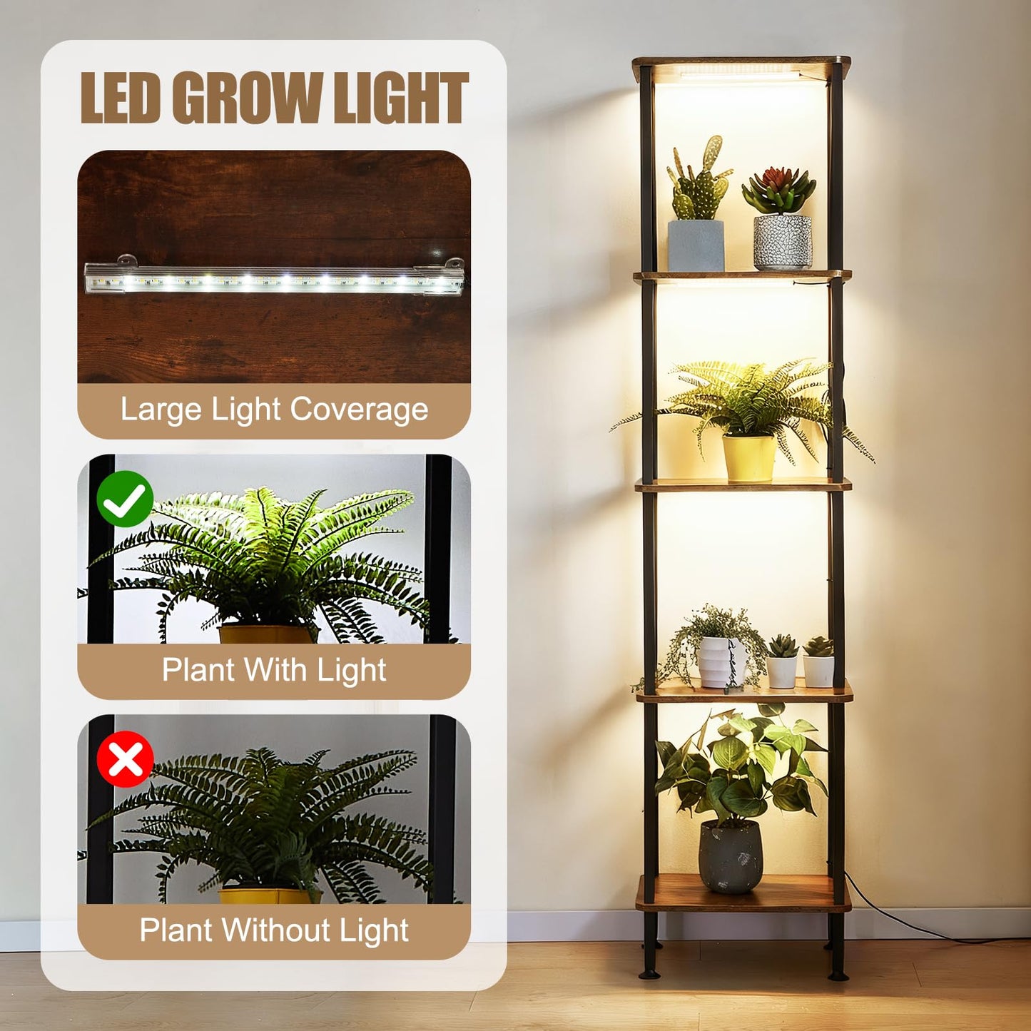 Bailoch Indoor Plant Stand with LED Grow Lights, 64" Tall Corner Lighted Plant Shelf, 5-Tier Metal Frame, Wood Shelves, Flower Clearance Display Stands Cabinet for Living Room, Balcony, Office, Black